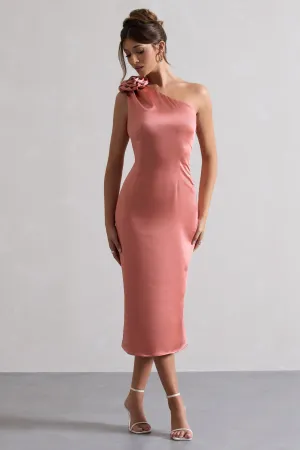 Ascot | Coral Satin One Shoulder Midi Dress With Corsage Club L London