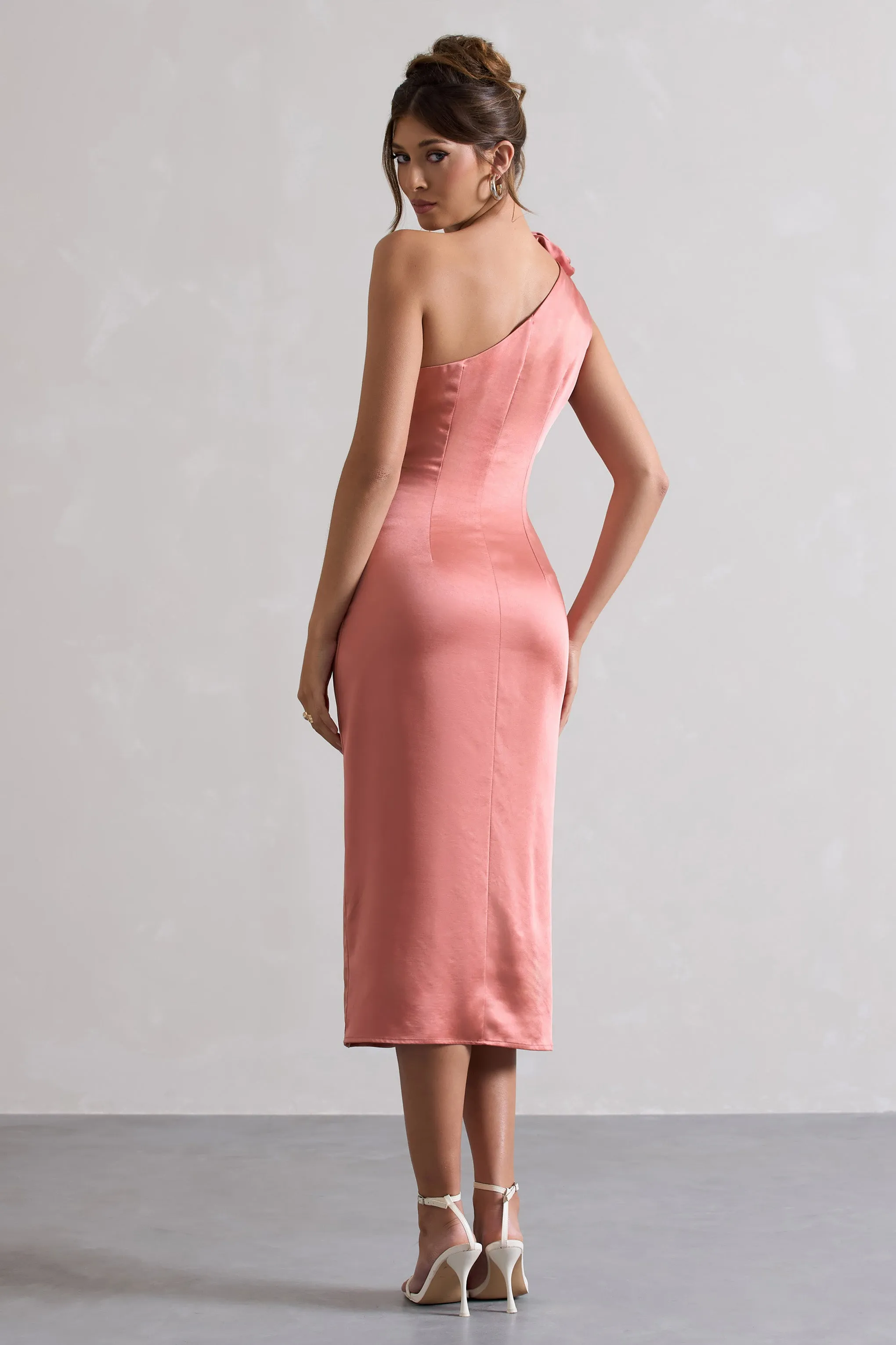 Ascot | Coral Satin One Shoulder Midi Dress With Corsage Club L London