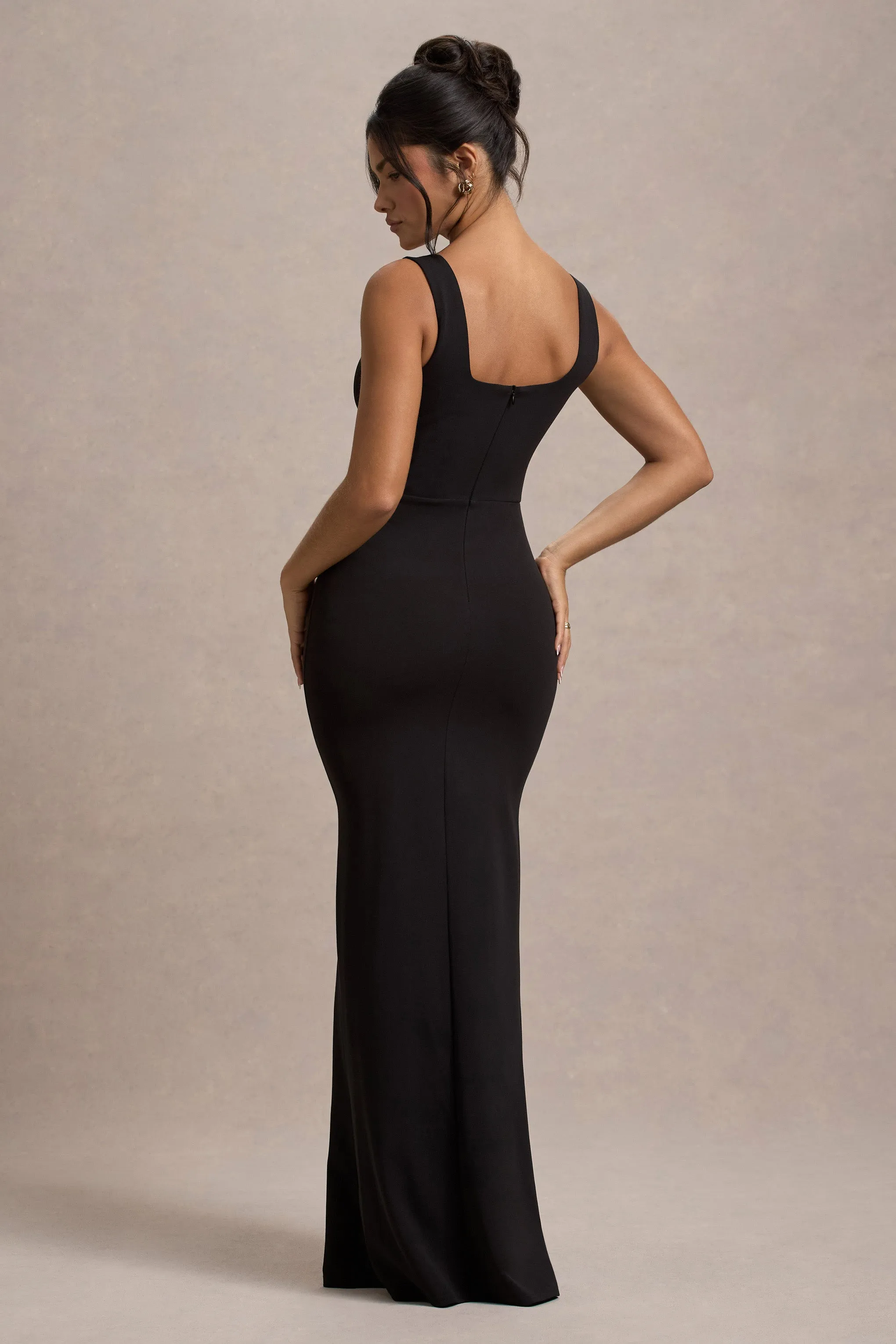 Ashburn | Black Strappy Sweetheart Split Maxi Dress Club L London