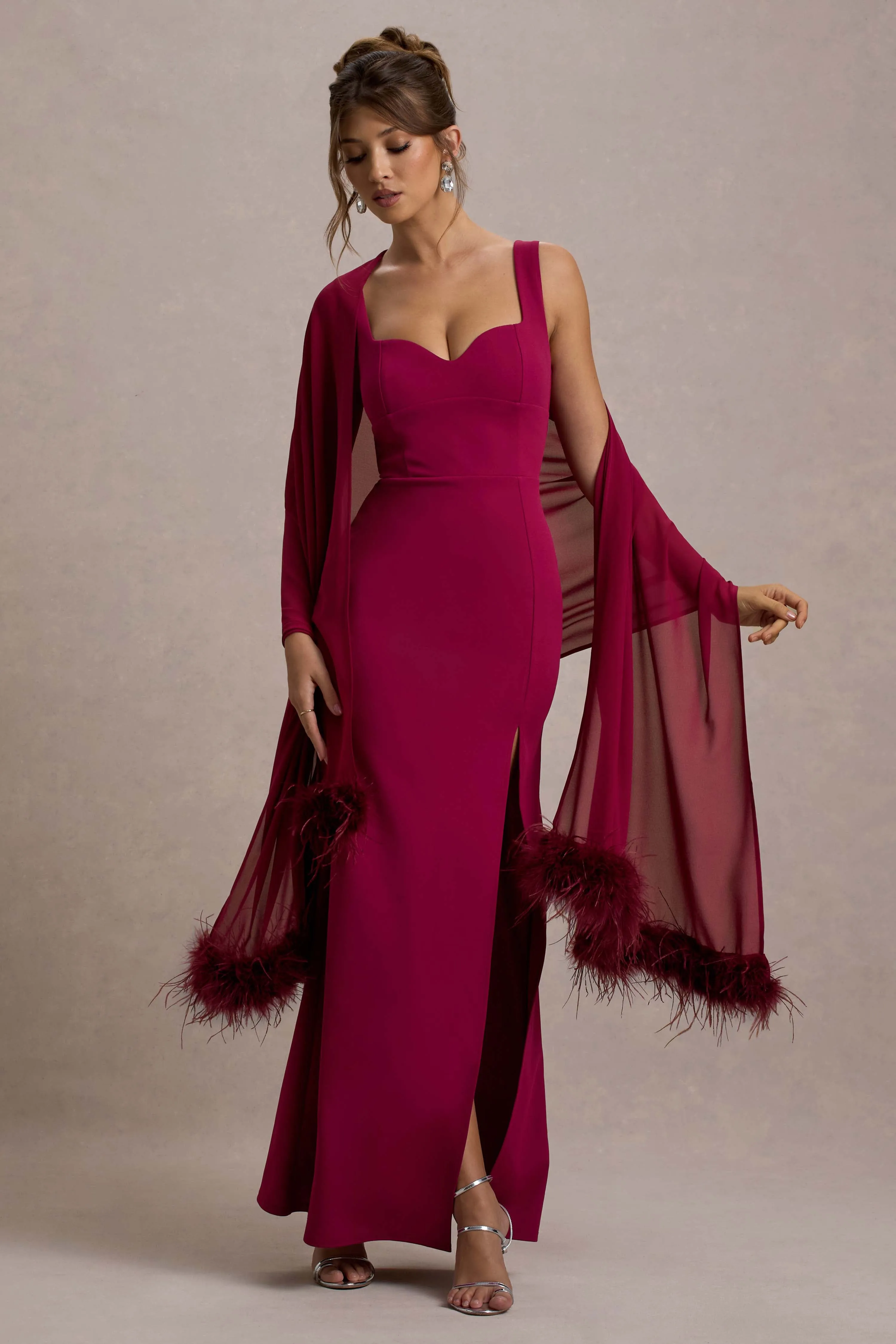 Ashburn | Mulberry Strappy Sweetheart Split Maxi Dress Club L London