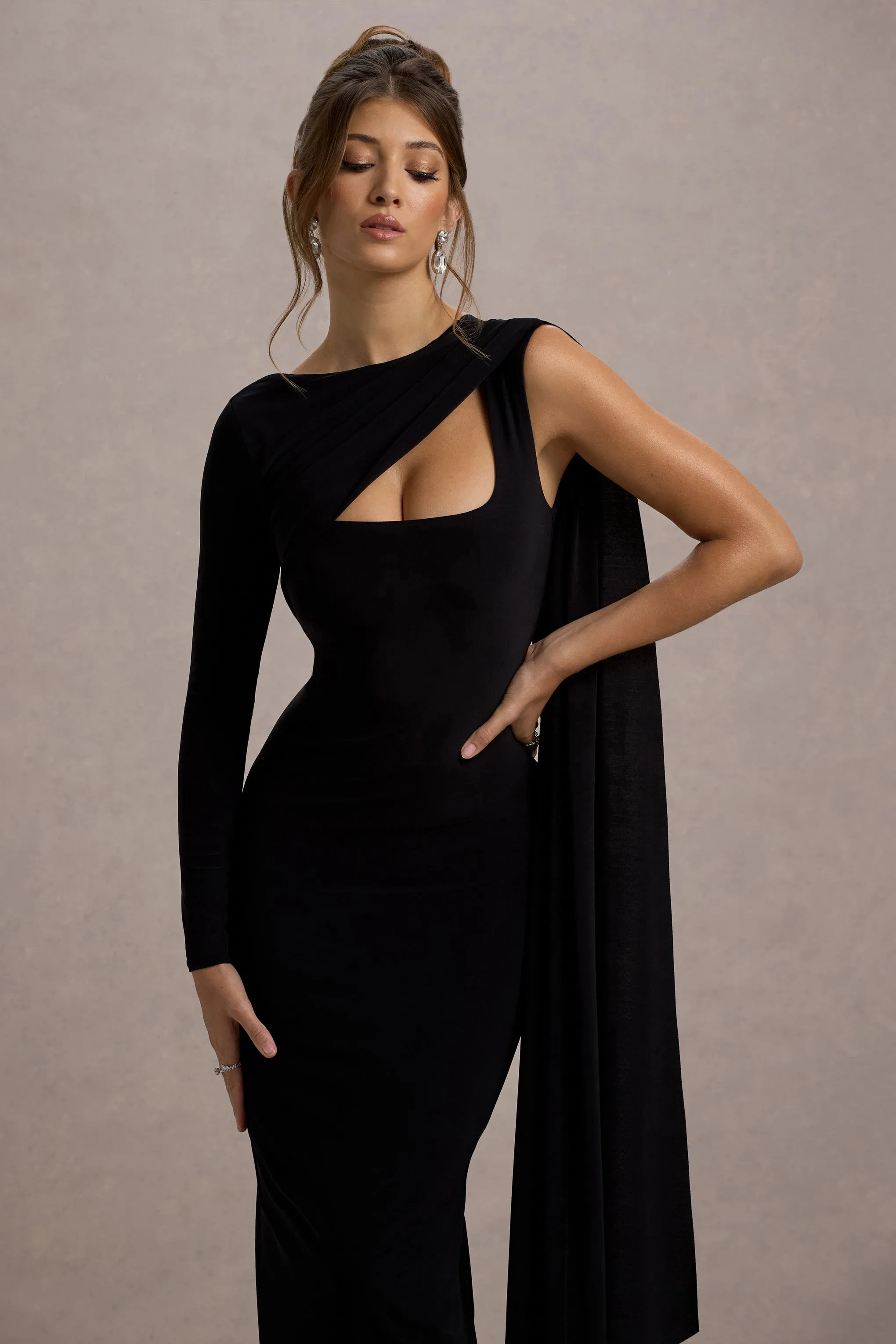 Ashini | Black One-Sleeve Maxi Dress With Cape Club L London