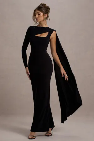 Ashini | Black One-Sleeve Maxi Dress With Cape Club L London