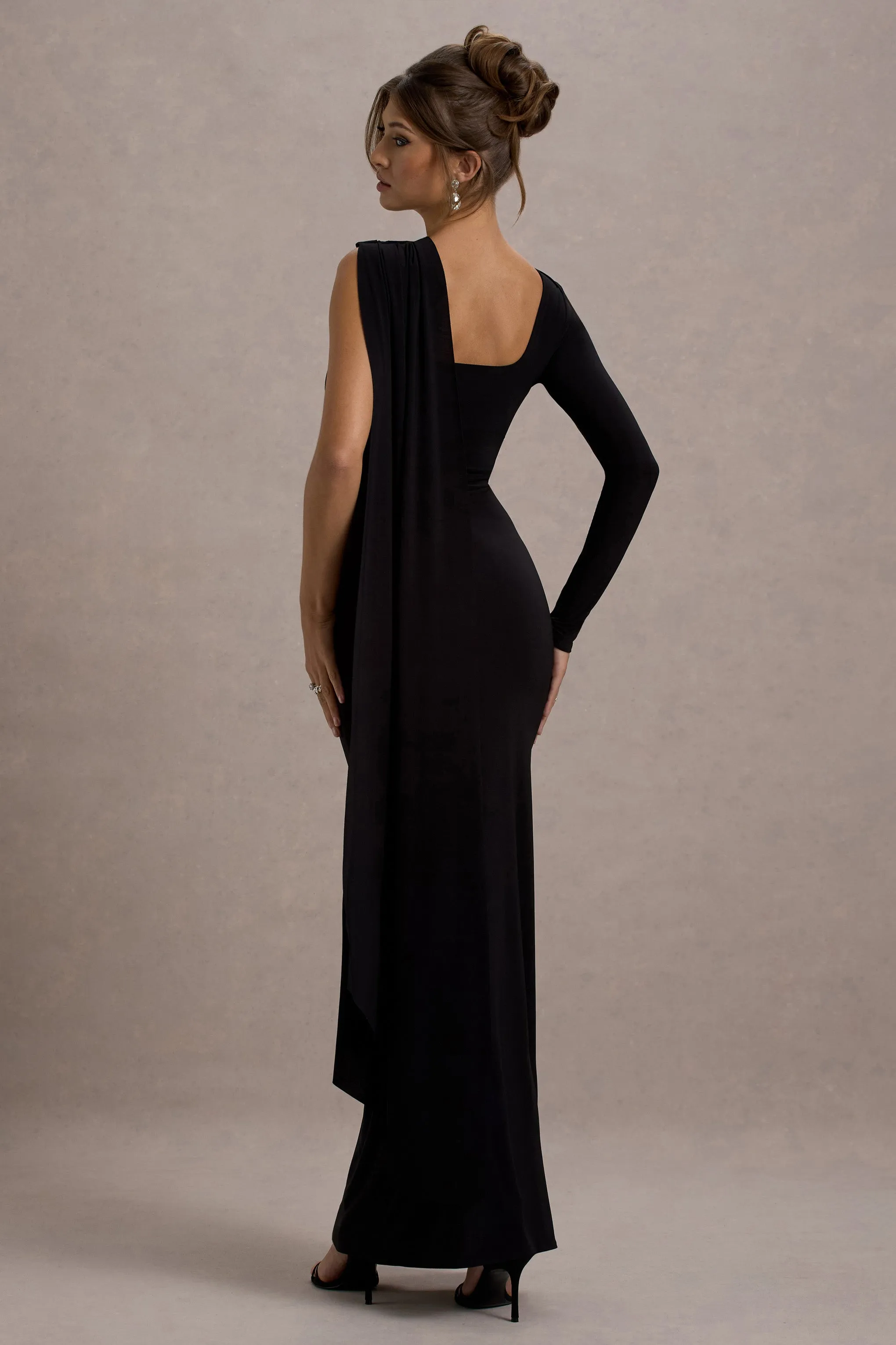 Ashini | Black One-Sleeve Maxi Dress With Cape Club L London