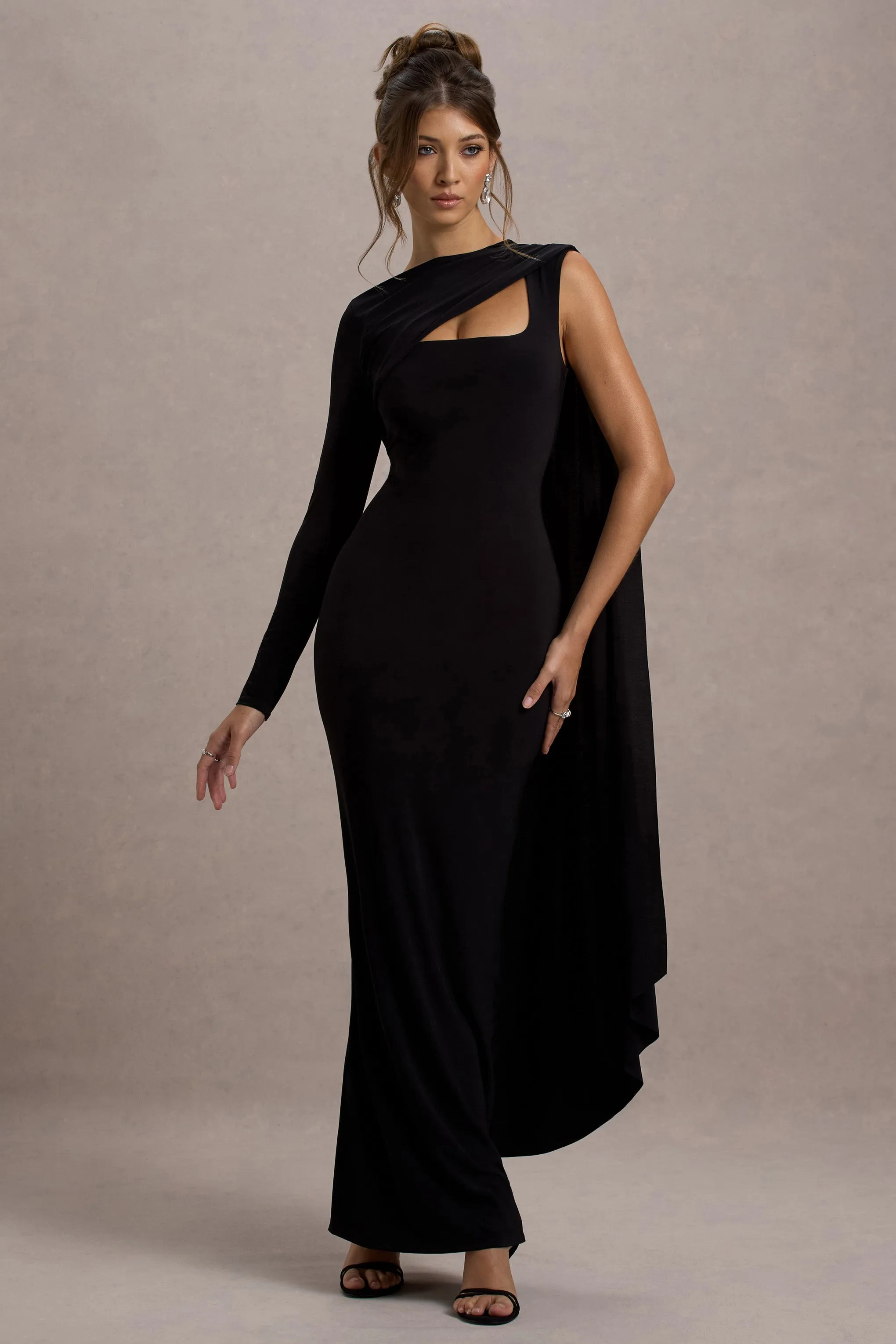 Ashini | Black One-Sleeve Maxi Dress With Cape Club L London
