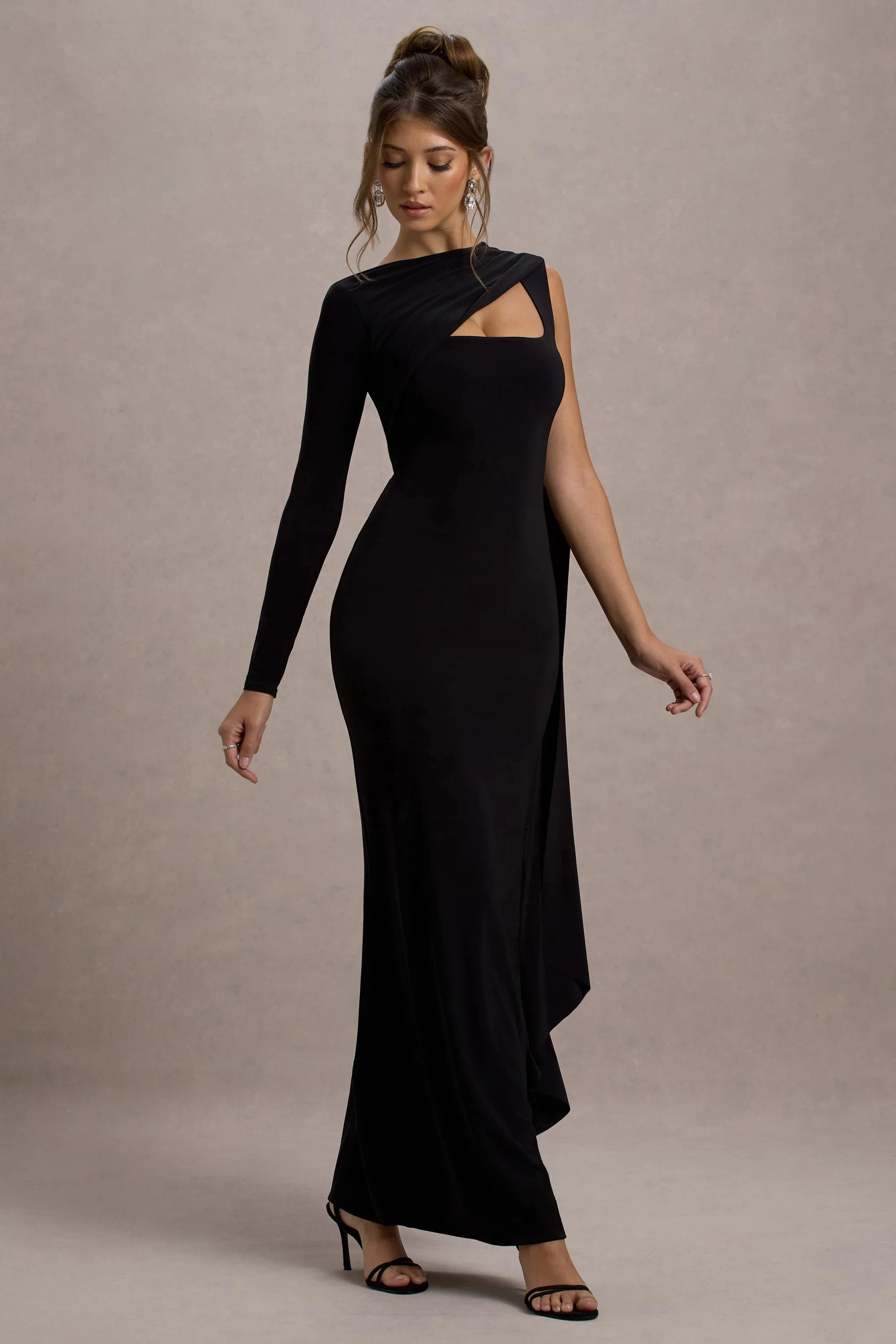 Ashini | Black One-Sleeve Maxi Dress With Cape Club L London