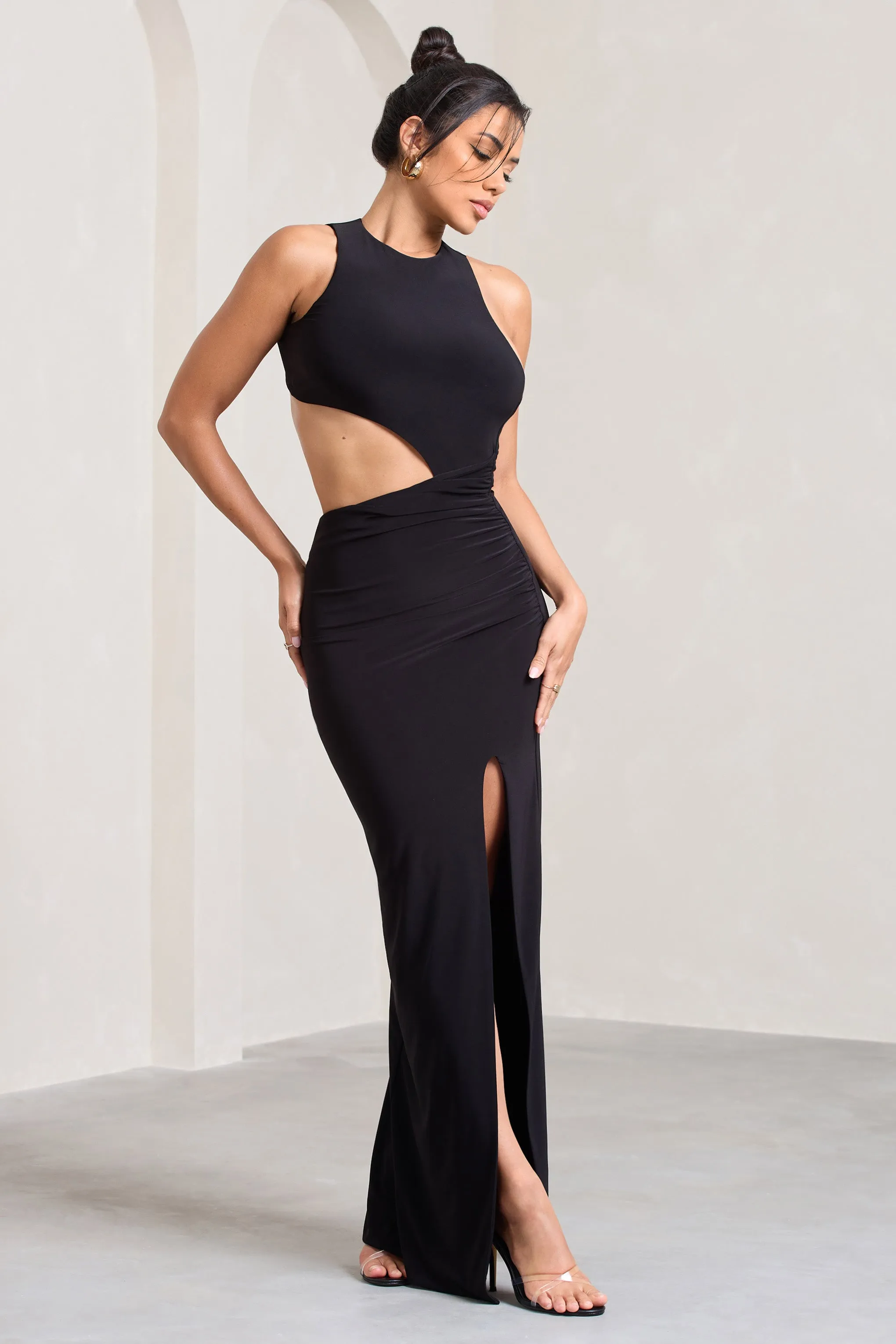 Ashley | Black Asymmetric Sleeveless Cut-Out Split Maxi Dress Club L London