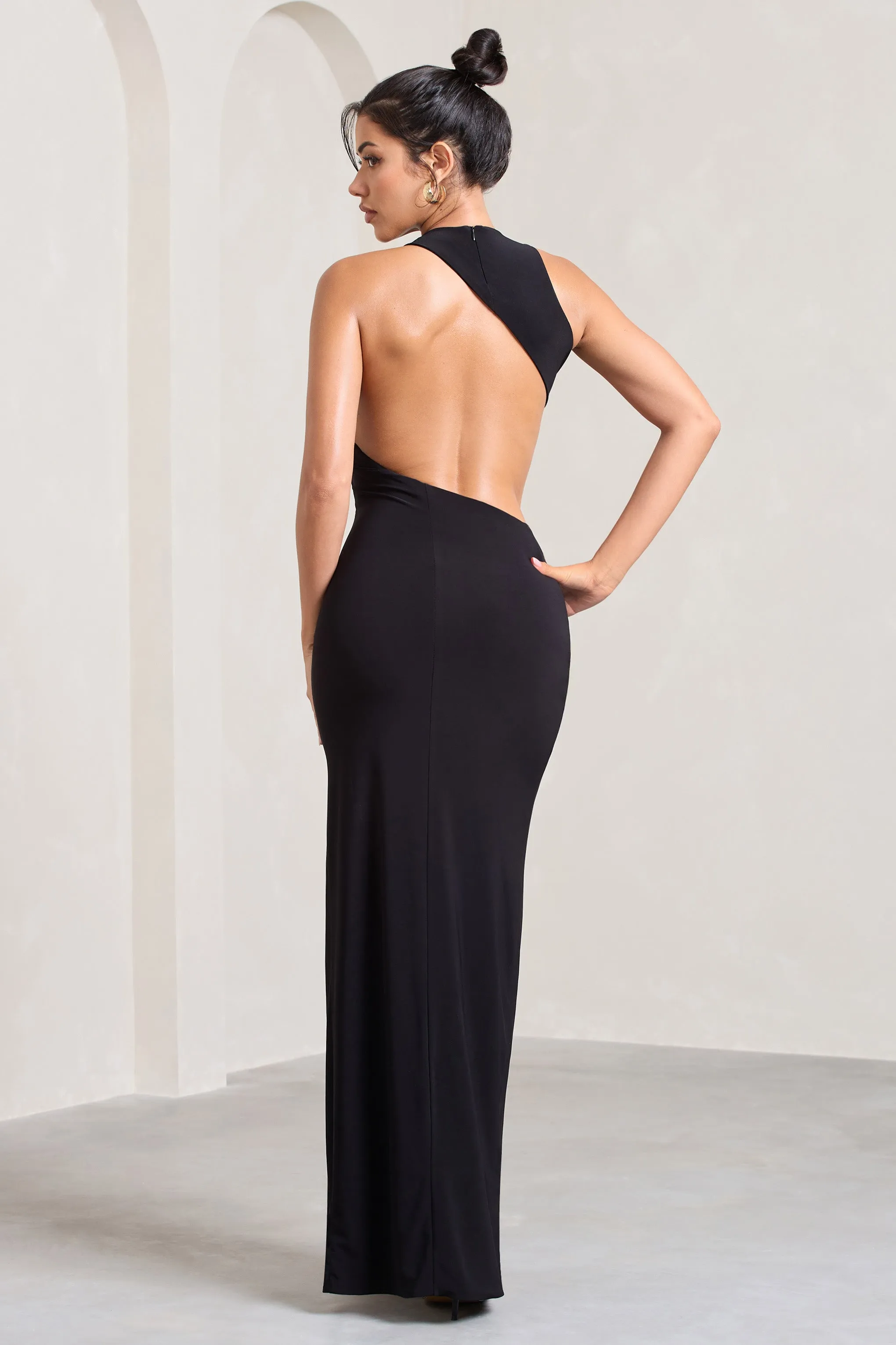 Ashley | Black Asymmetric Sleeveless Cut-Out Split Maxi Dress Club L London