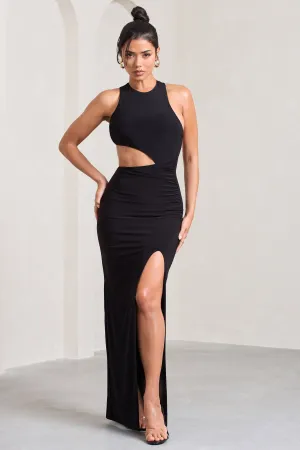 Ashley | Black Asymmetric Sleeveless Cut-Out Split Maxi Dress Club L London
