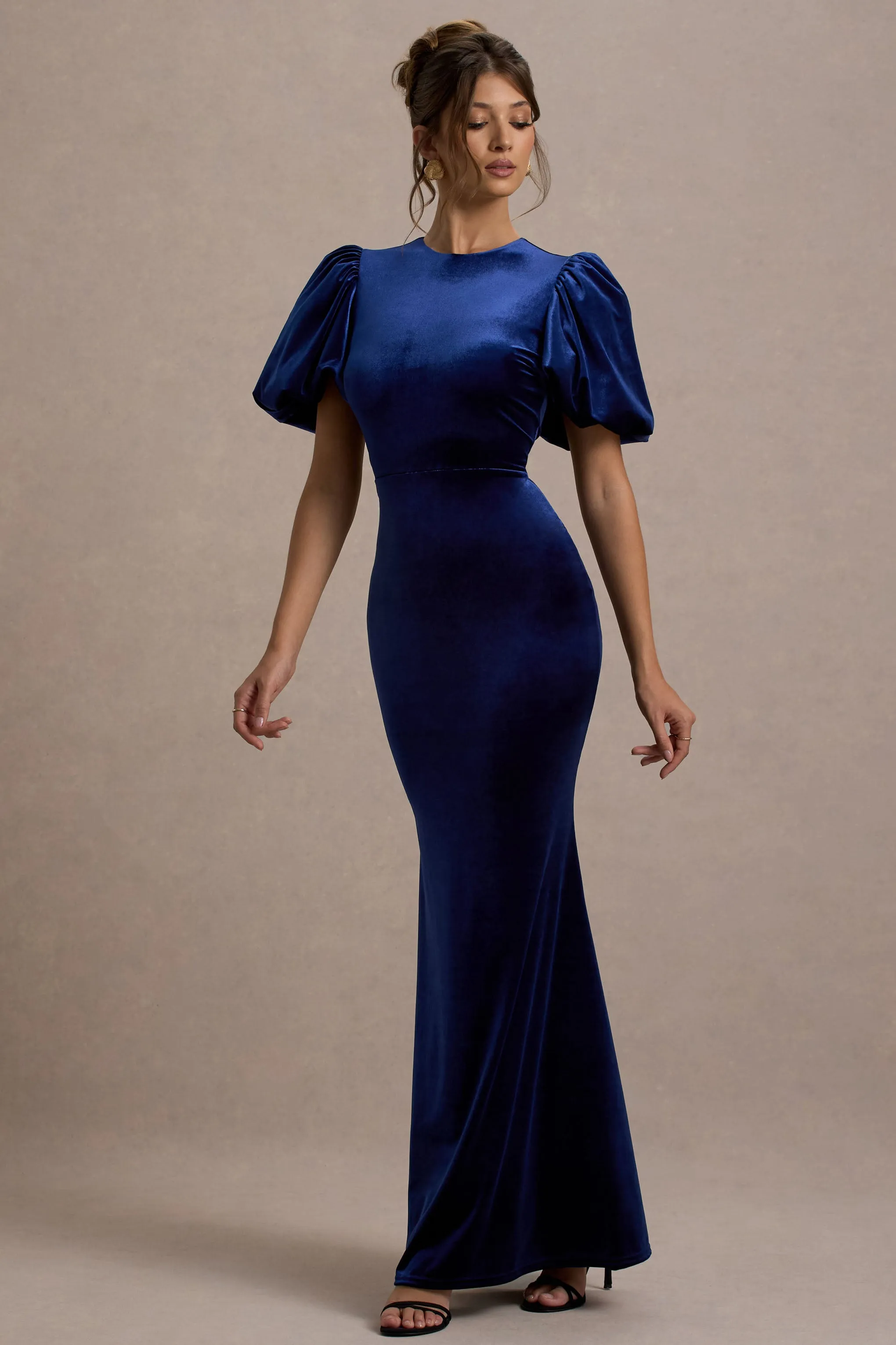 Ashlin | Navy Velvet Puff-Sleeve Maxi Dress Club L London
