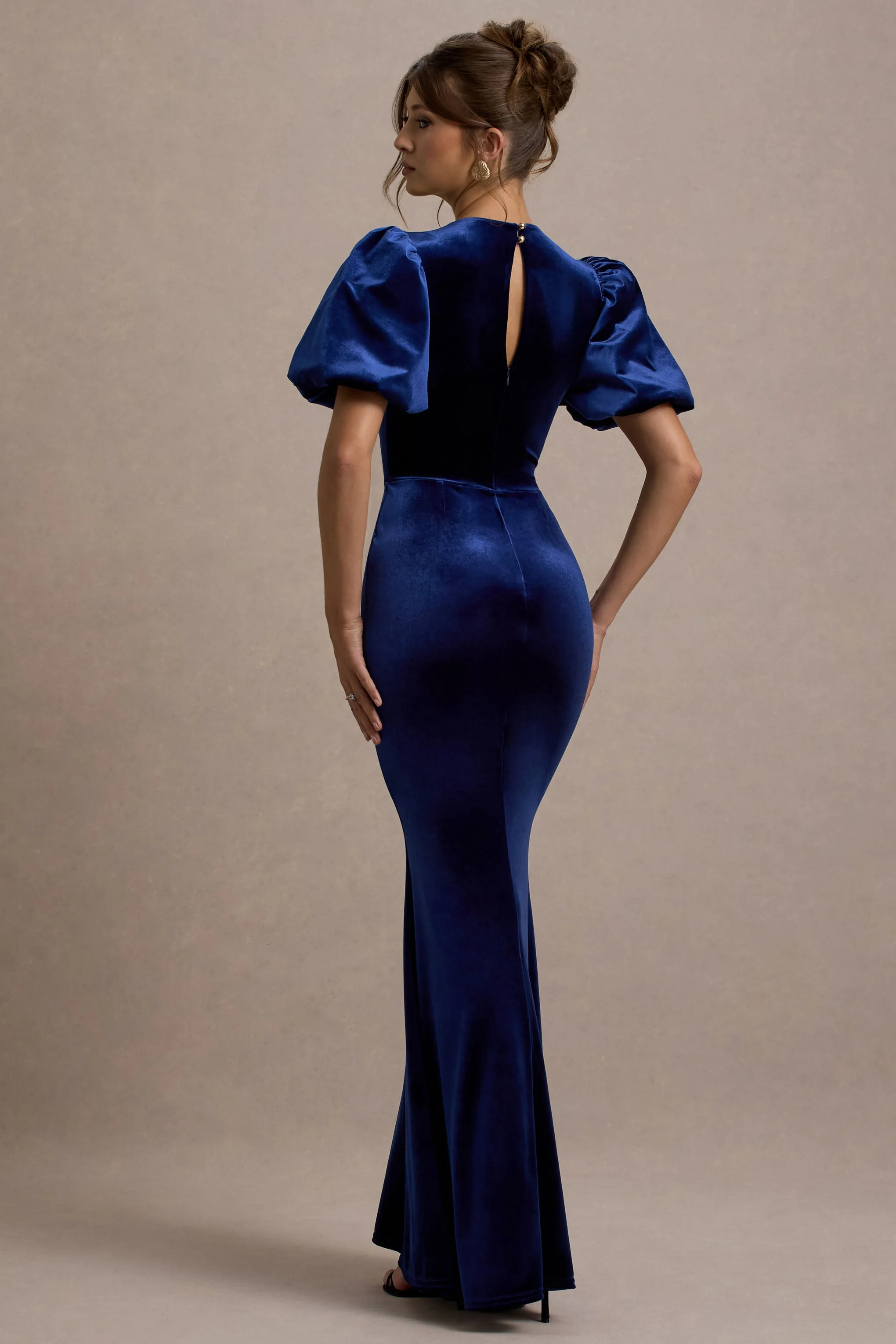 Ashlin | Navy Velvet Puff-Sleeve Maxi Dress Club L London