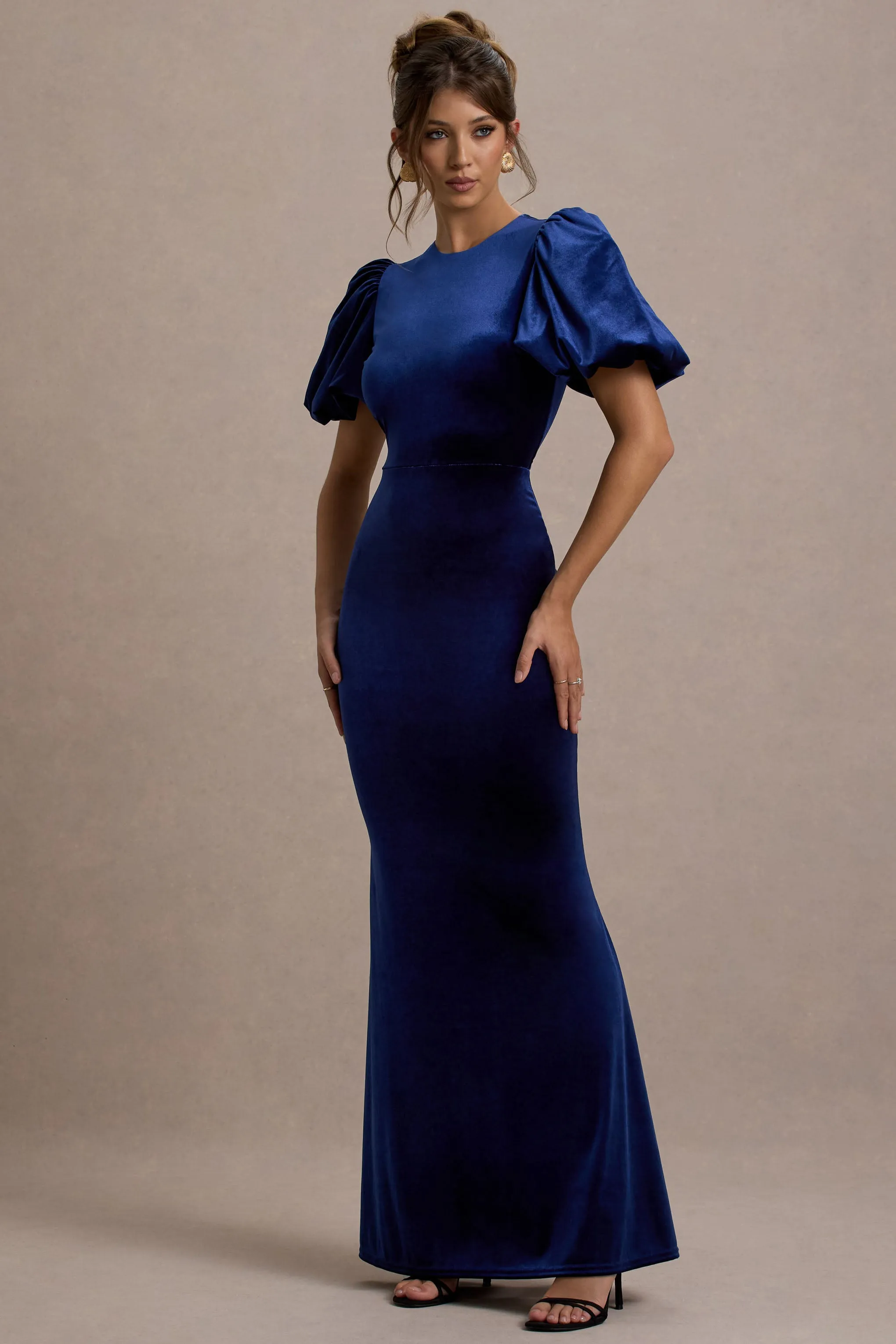 Ashlin | Navy Velvet Puff-Sleeve Maxi Dress Club L London