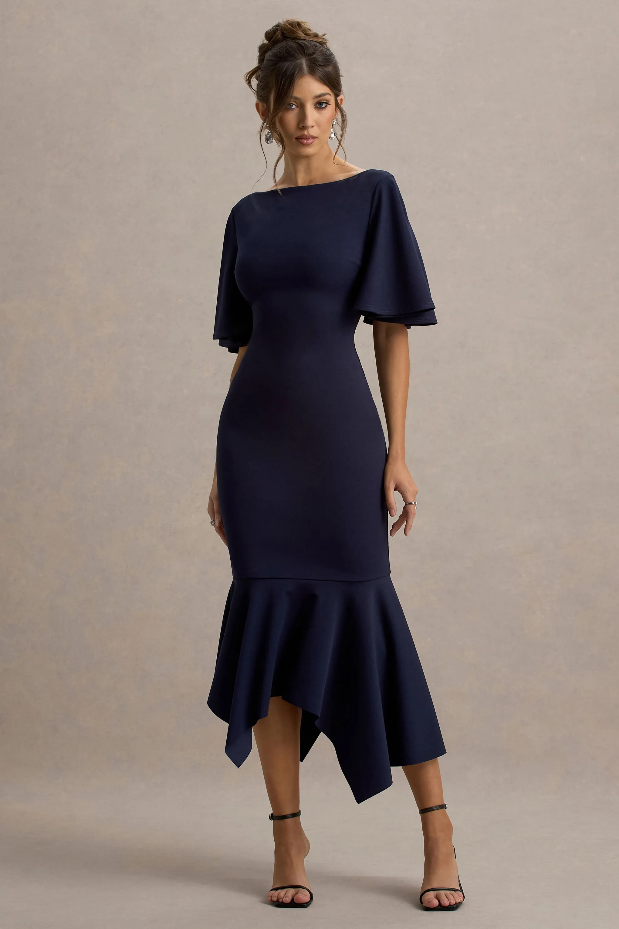 Ashling | Navy Flutter-Sleeve Hanky-Hem Midi Dress Club L London