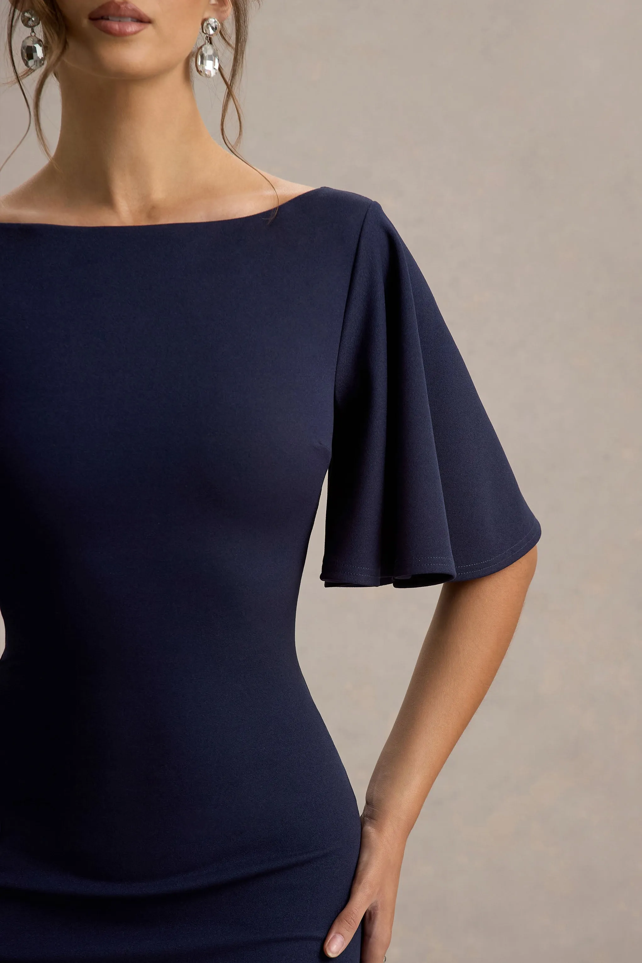 Ashling | Navy Flutter-Sleeve Hanky-Hem Midi Dress Club L London