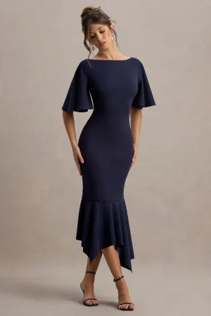 Ashling | Navy Flutter-Sleeve Hanky-Hem Midi Dress Club L London
