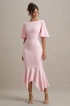 Ashling | Pink Flutter-Sleeve Hanky-Hem Midi Dress Club L London