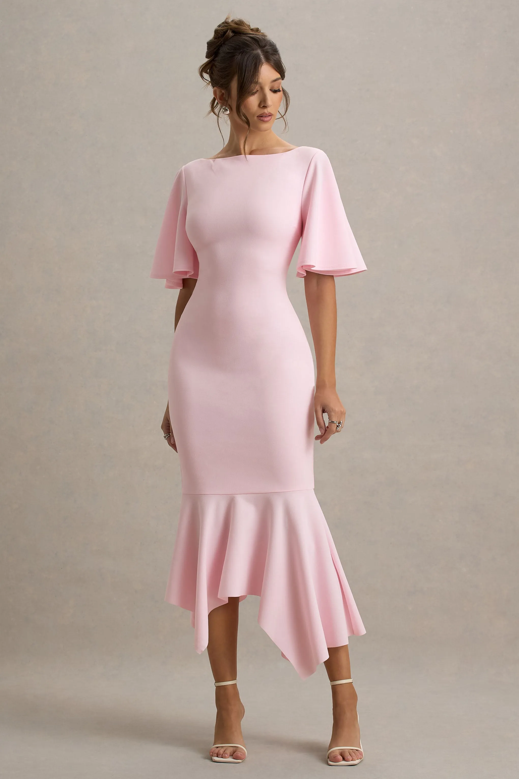 Ashling | Pink Flutter-Sleeve Hanky-Hem Midi Dress Club L London