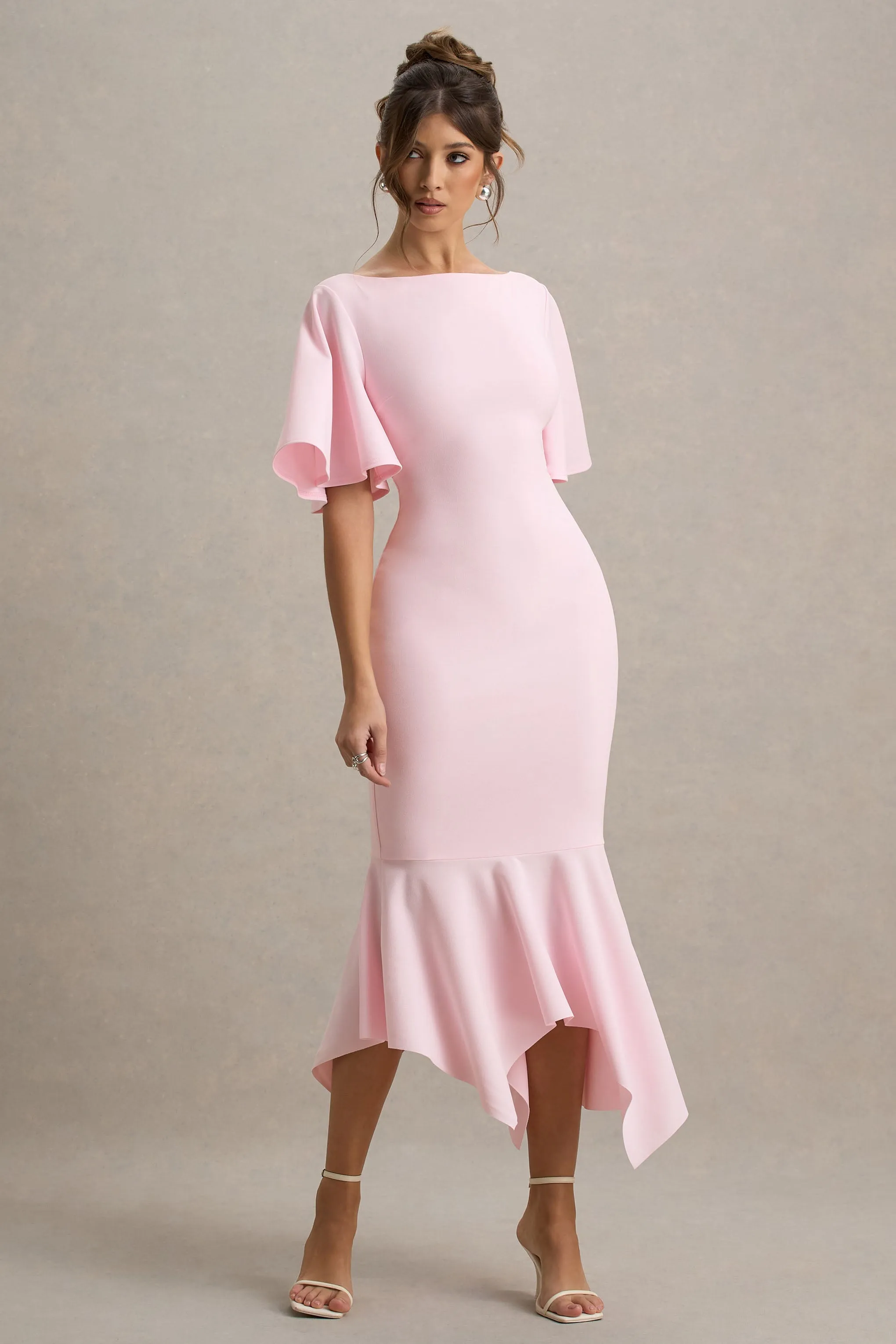 Ashling | Pink Flutter-Sleeve Hanky-Hem Midi Dress Club L London