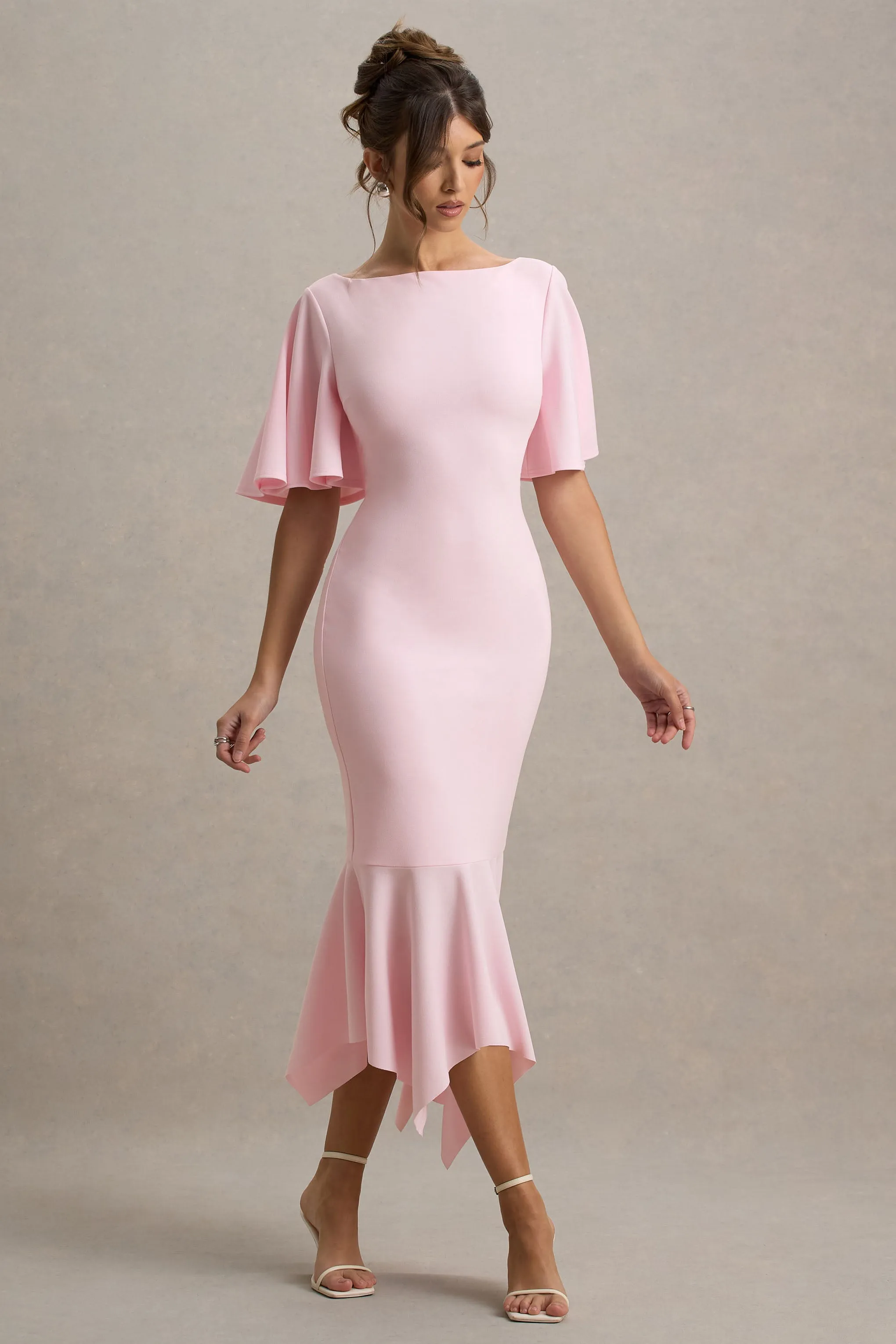 Ashling | Pink Flutter-Sleeve Hanky-Hem Midi Dress Club L London