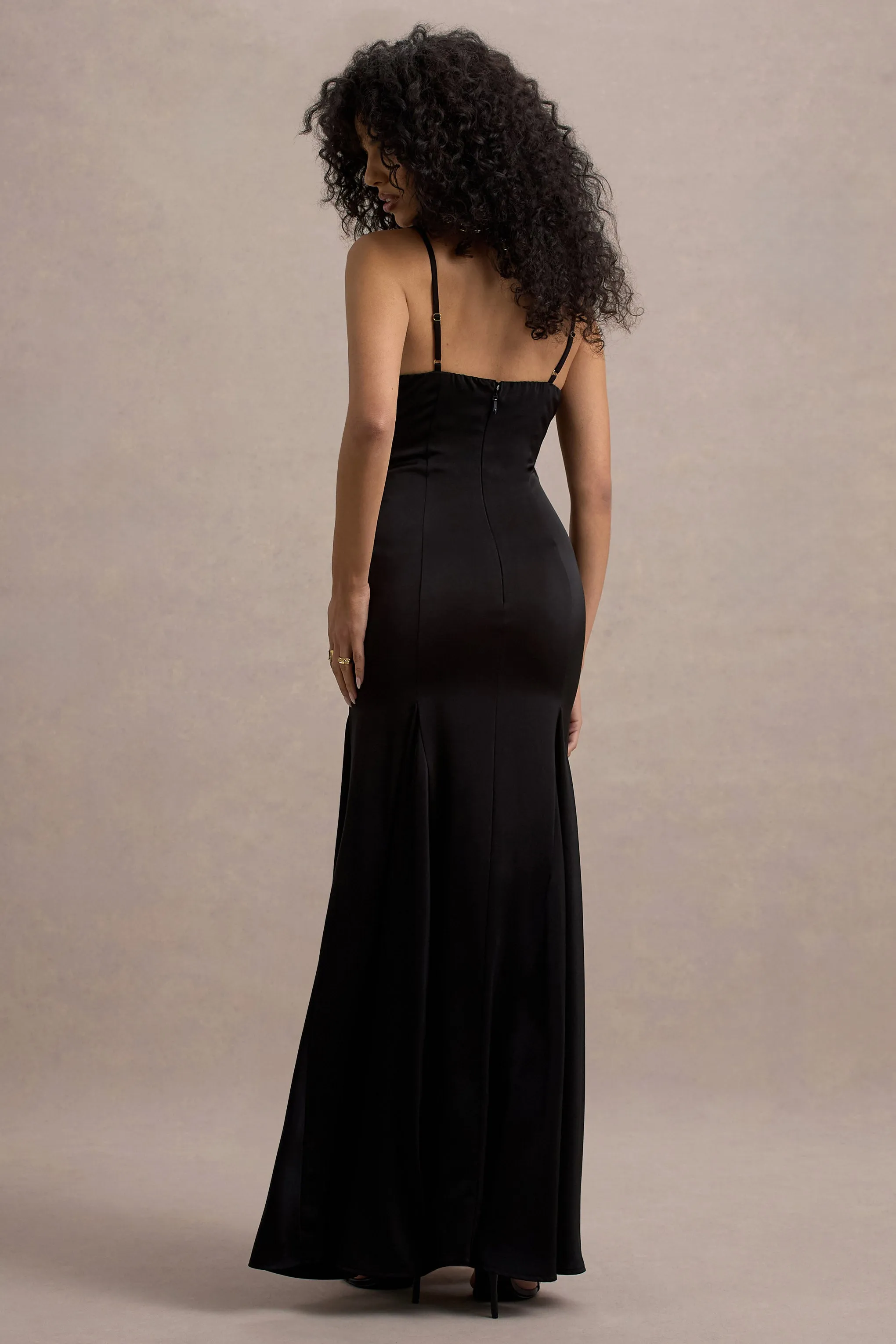 Ashly | Black Satin Maxi Dress With Volume Hem Club L London
