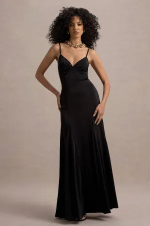 Ashly | Black Satin Maxi Dress With Volume Hem Club L London