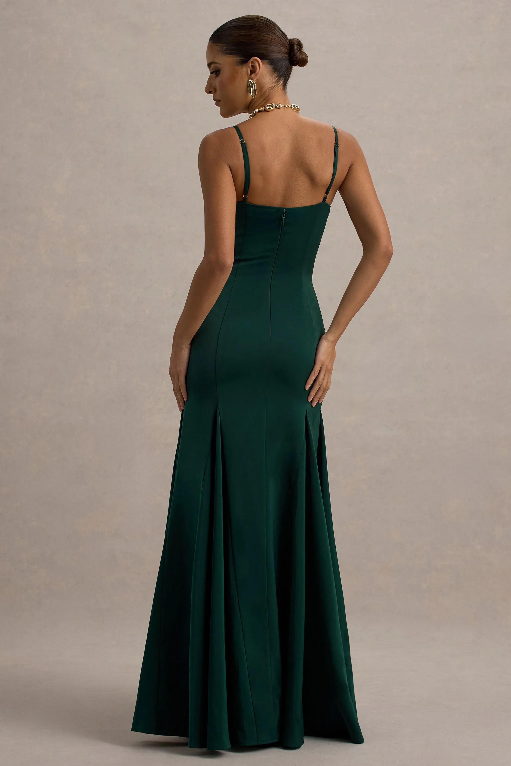 Ashly | Bottle Green Satin Maxi Dress With Volume Hem Club L London