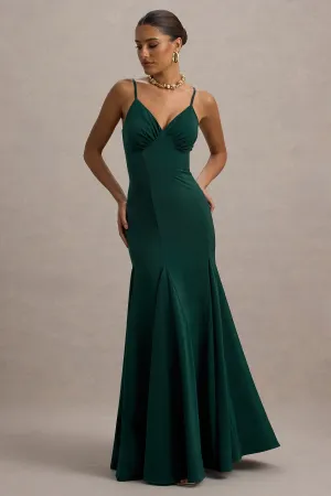 Ashly | Bottle Green Satin Maxi Dress With Volume Hem Club L London