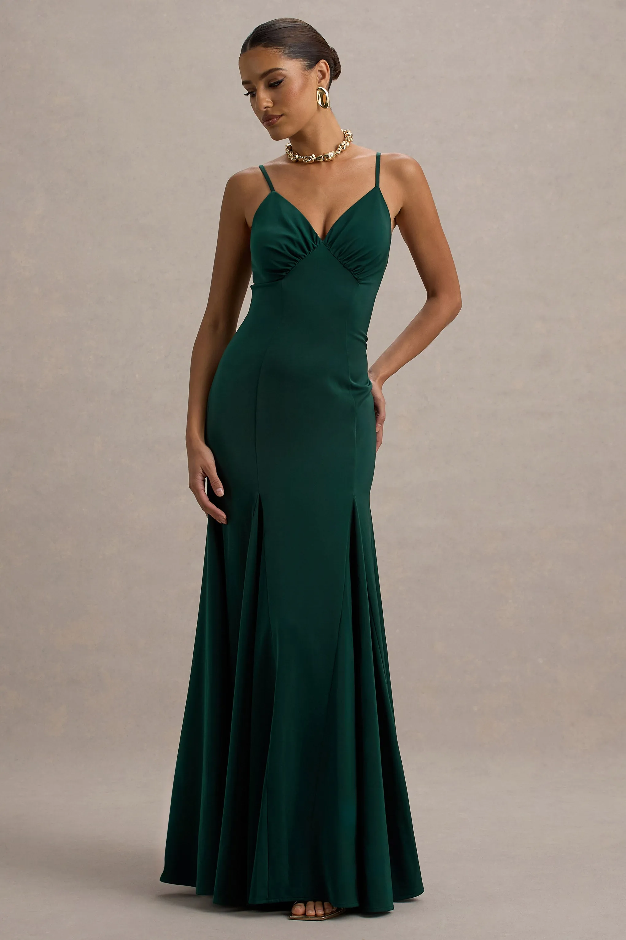 Ashly | Bottle Green Satin Maxi Dress With Volume Hem Club L London