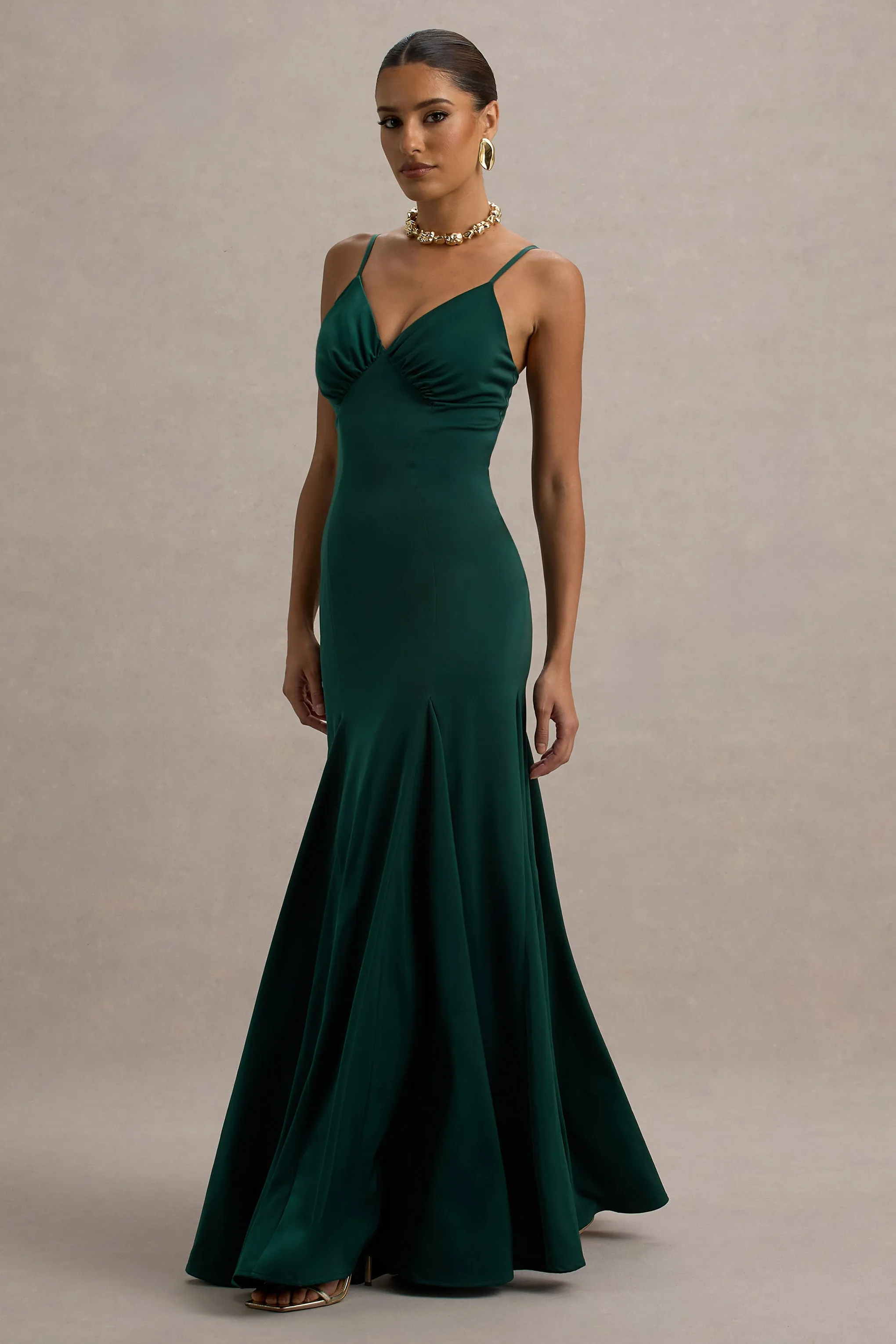 Ashly | Bottle Green Satin Maxi Dress With Volume Hem Club L London