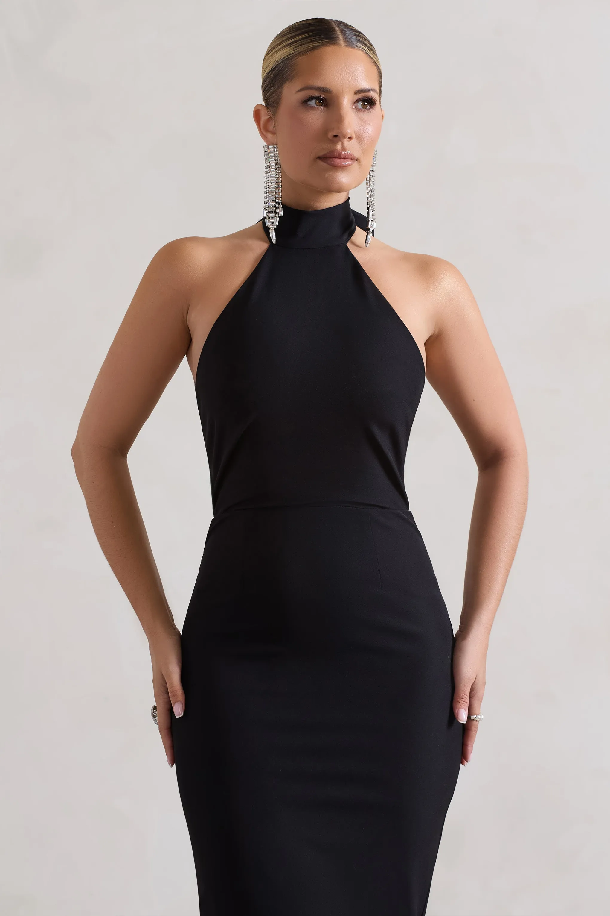 Ashton | Black High-Neck Midi Dress With Ruffle Hem Club L London