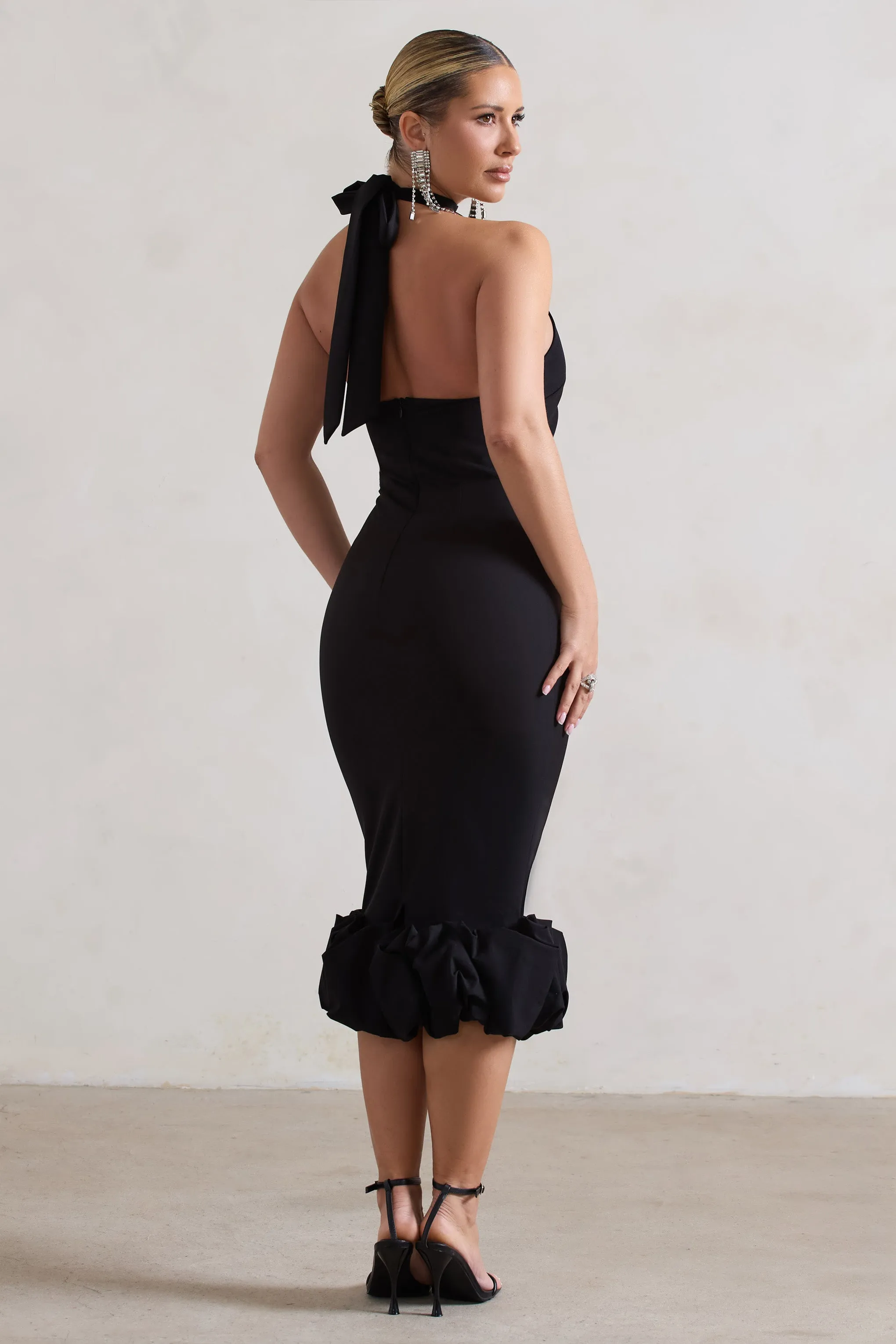 Ashton | Black High-Neck Midi Dress With Ruffle Hem Club L London