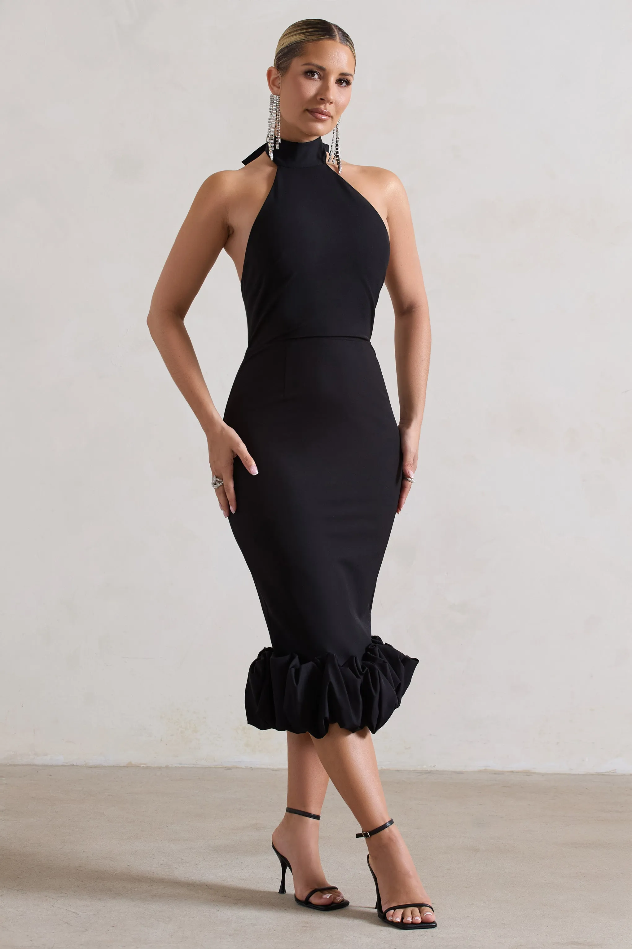 Ashton | Black High-Neck Midi Dress With Ruffle Hem Club L London