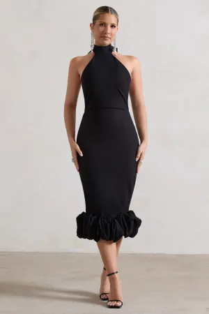 Ashton | Black High-Neck Midi Dress With Ruffle Hem Club L London