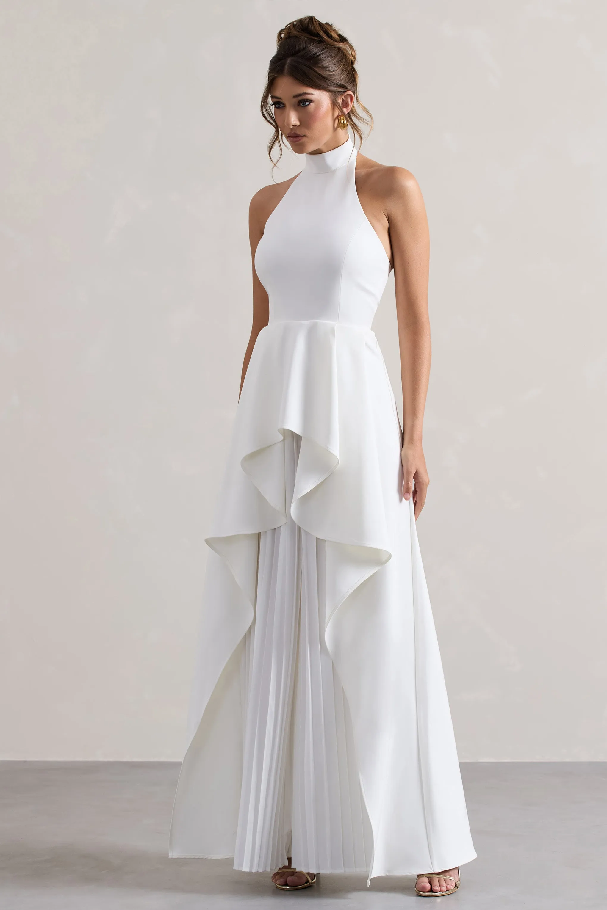 Ashwood | White Plisse High-Neck Cape Jumpsuit Club L London