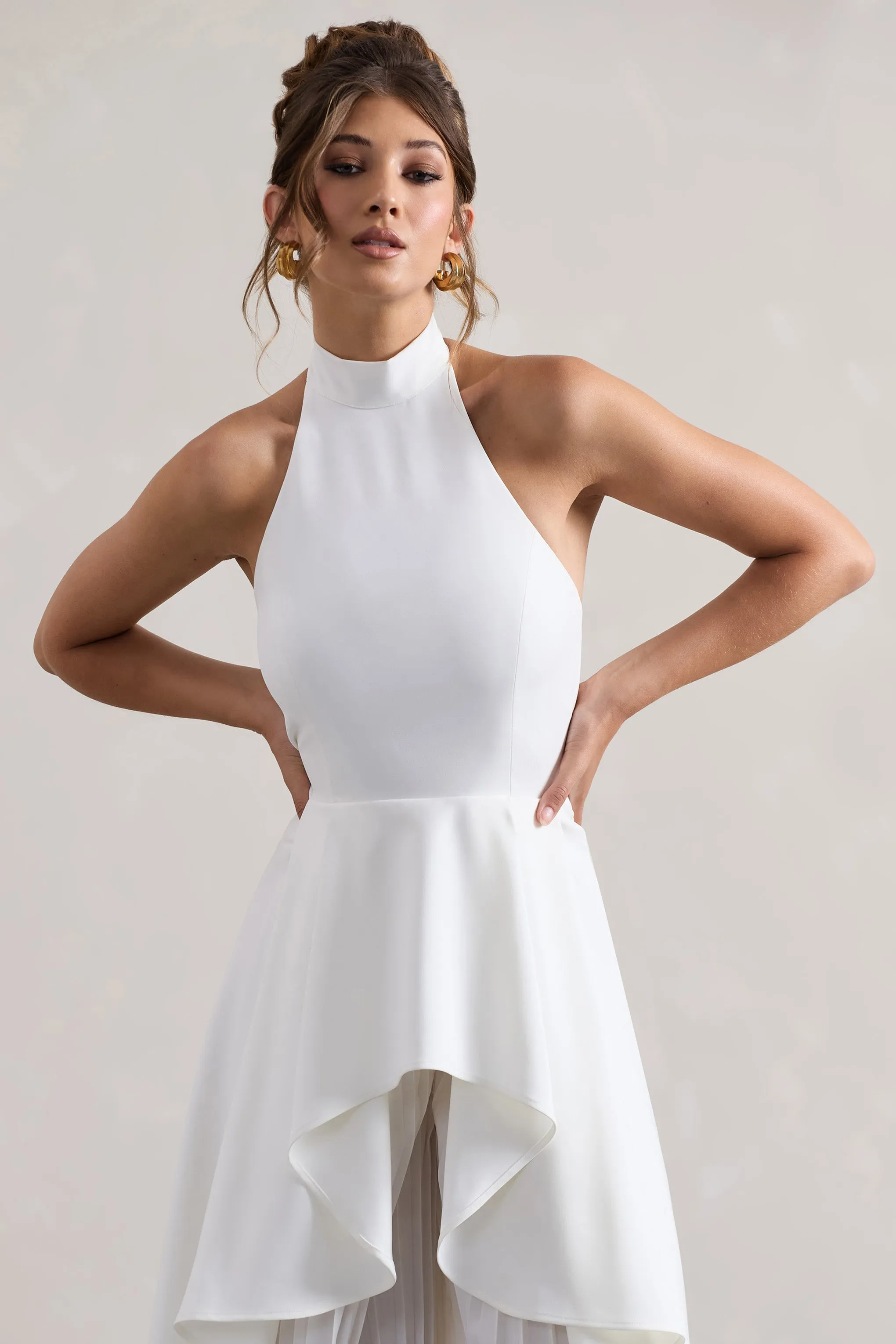 Ashwood | White Plisse High-Neck Cape Jumpsuit Club L London