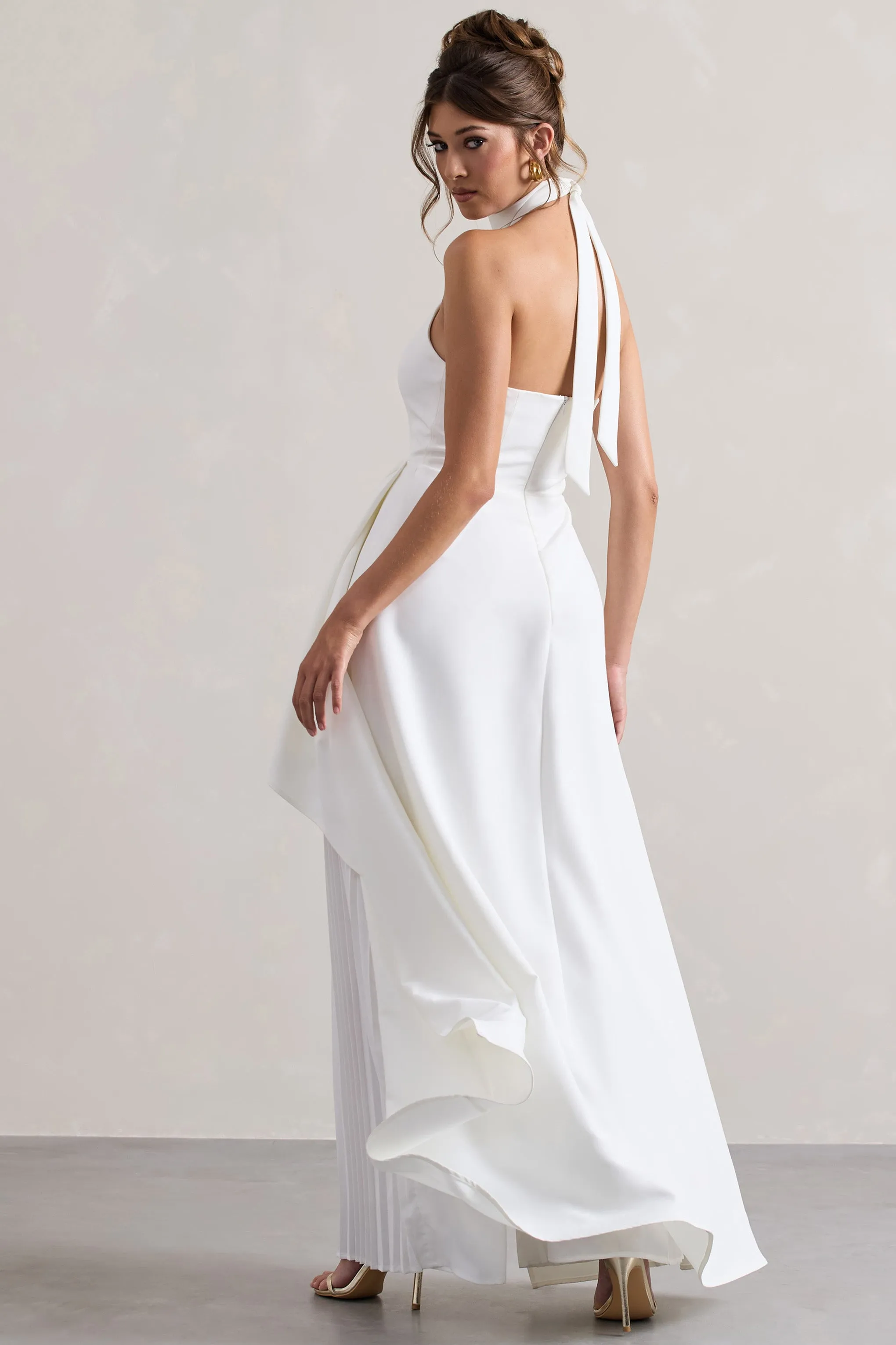 Ashwood | White Plisse High-Neck Cape Jumpsuit Club L London