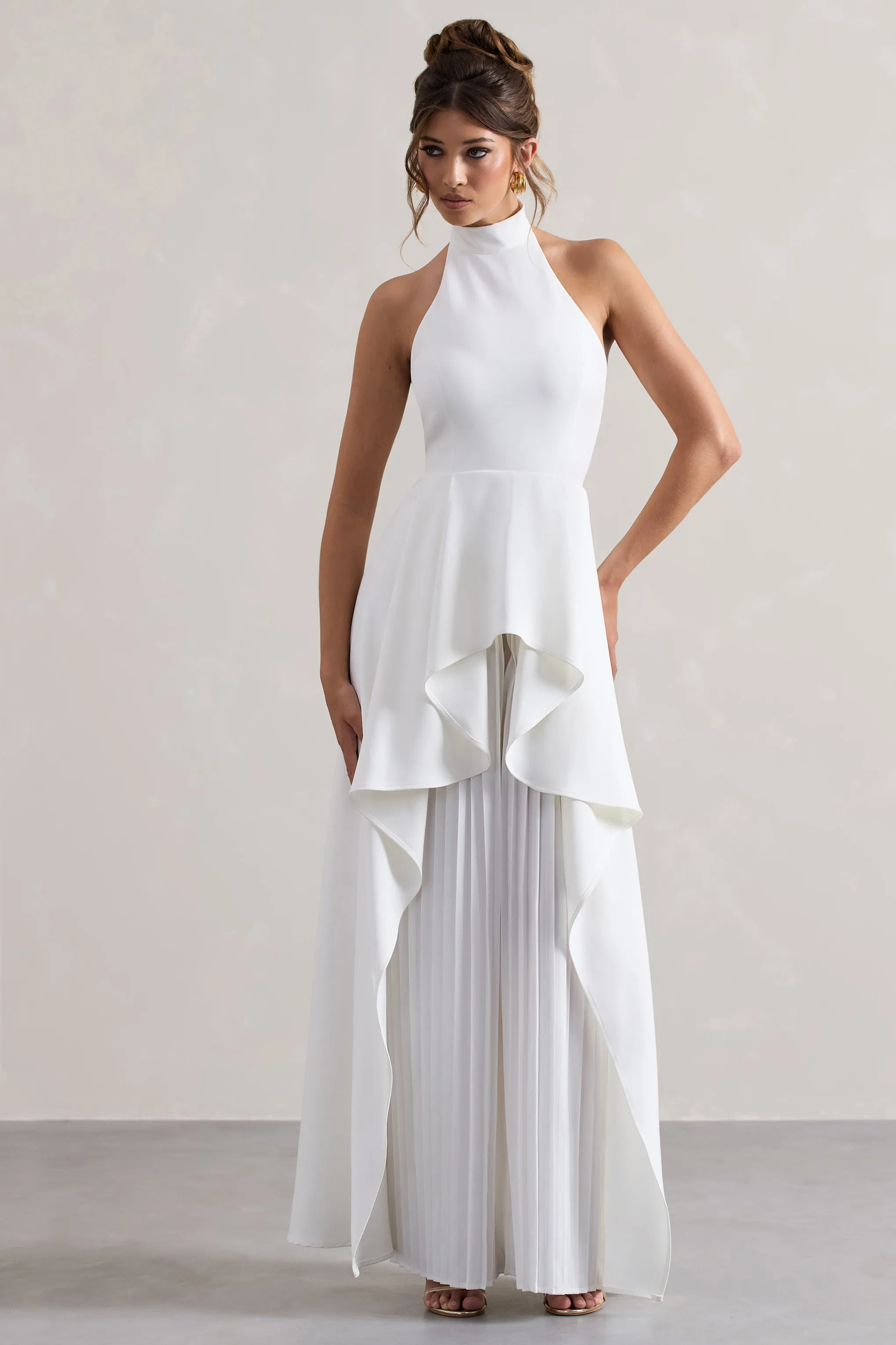 Ashwood | White Plisse High-Neck Cape Jumpsuit Club L London
