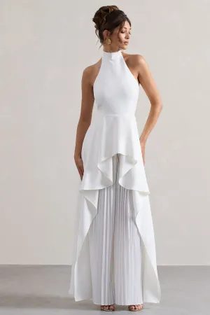 Ashwood | White Plisse High-Neck Cape Jumpsuit Club L London