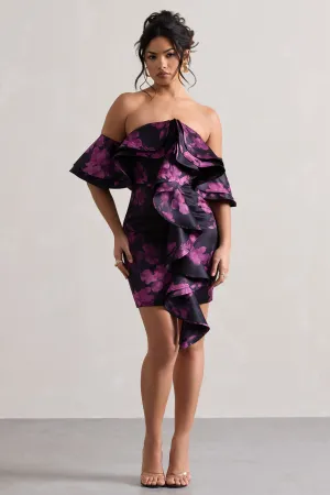 Aspen | Black Floral Print Bardot Mini Dress With Ruffles Club L London