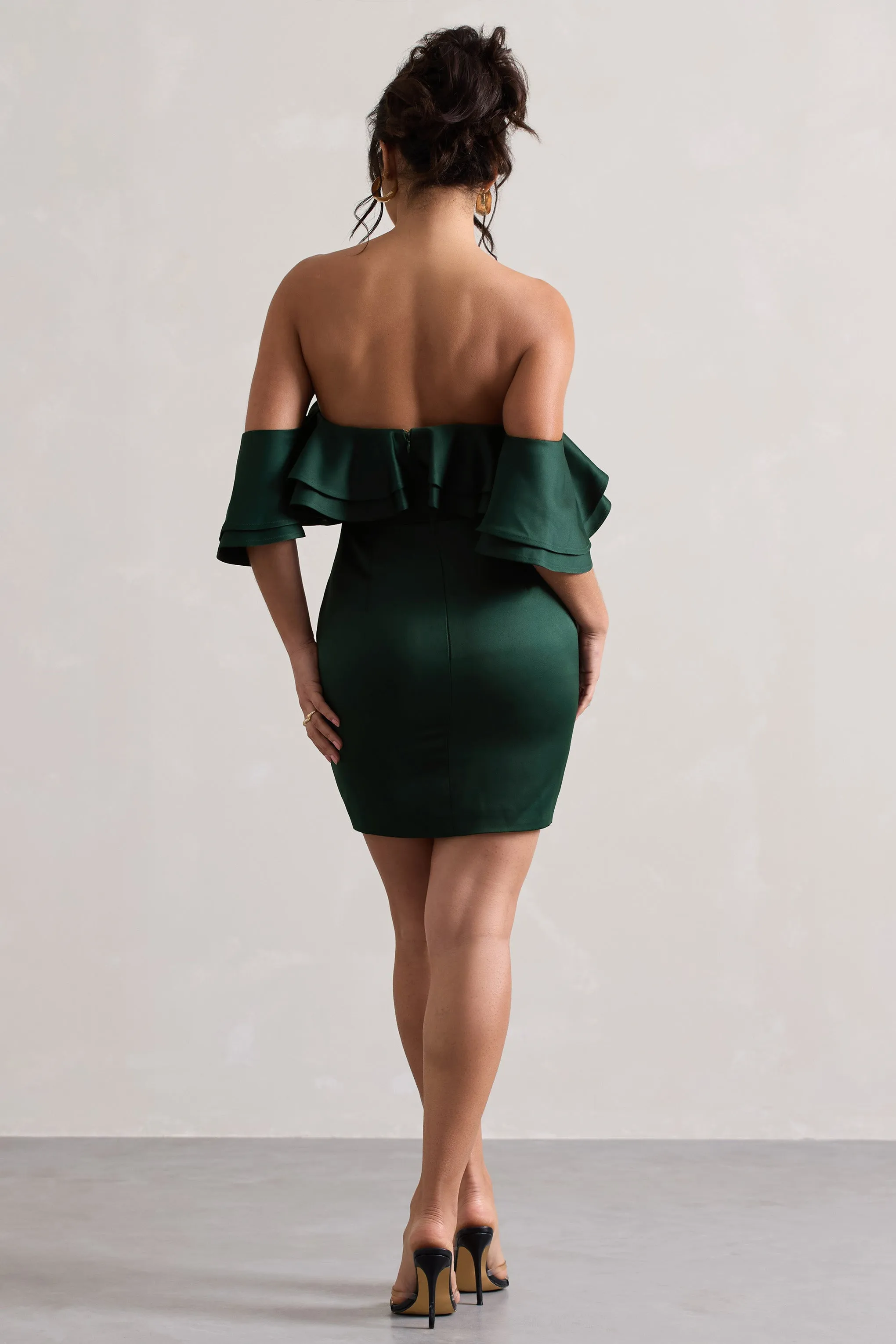 Aspen | Bottle Green Bardot Mini Dress With Ruffles Club L London