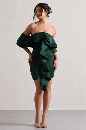 Aspen | Bottle Green Bardot Mini Dress With Ruffles Club L London