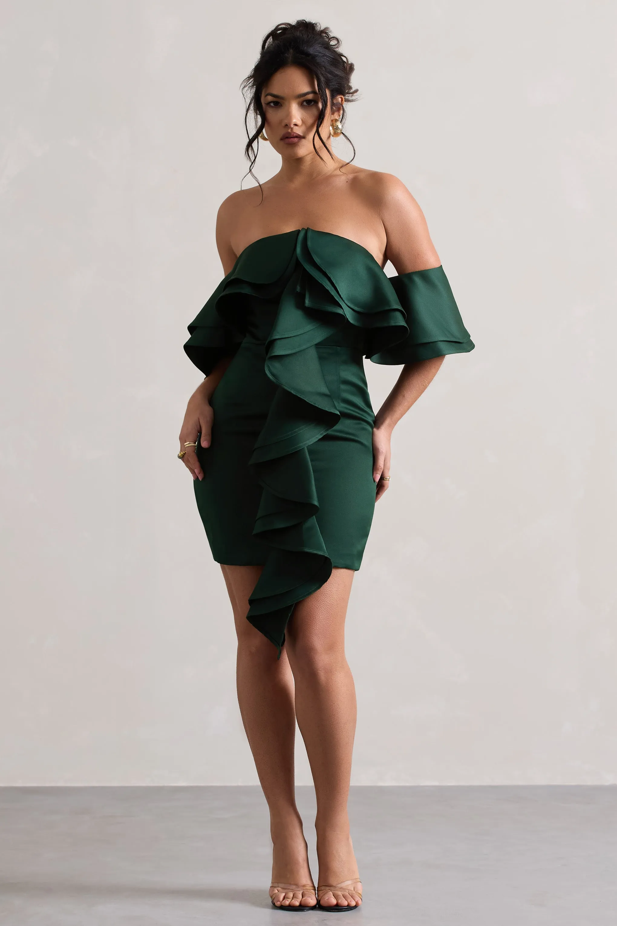 Aspen | Bottle Green Bardot Mini Dress With Ruffles Club L London