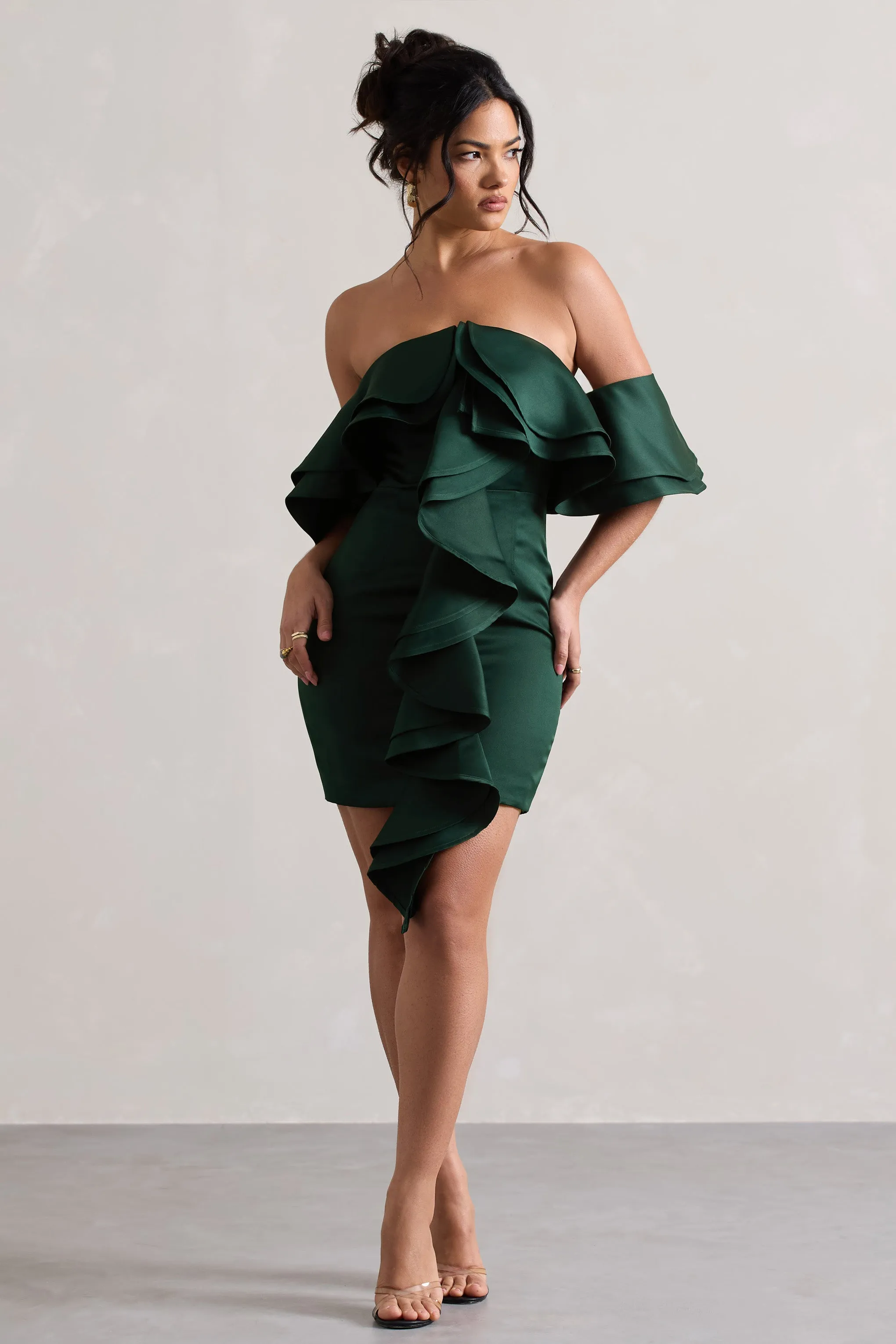 Aspen | Bottle Green Bardot Mini Dress With Ruffles Club L London