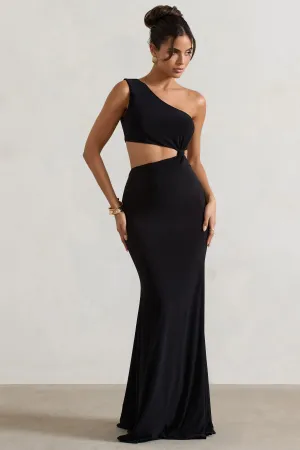 Aspyn | Black Asymmetric Twisted Cut-Out Fishtail Maxi Dress Club L London