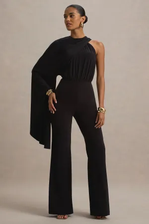 Asra | Black High-Neck Flared-Leg Jumpsuit With Cape Sleeve Club L London