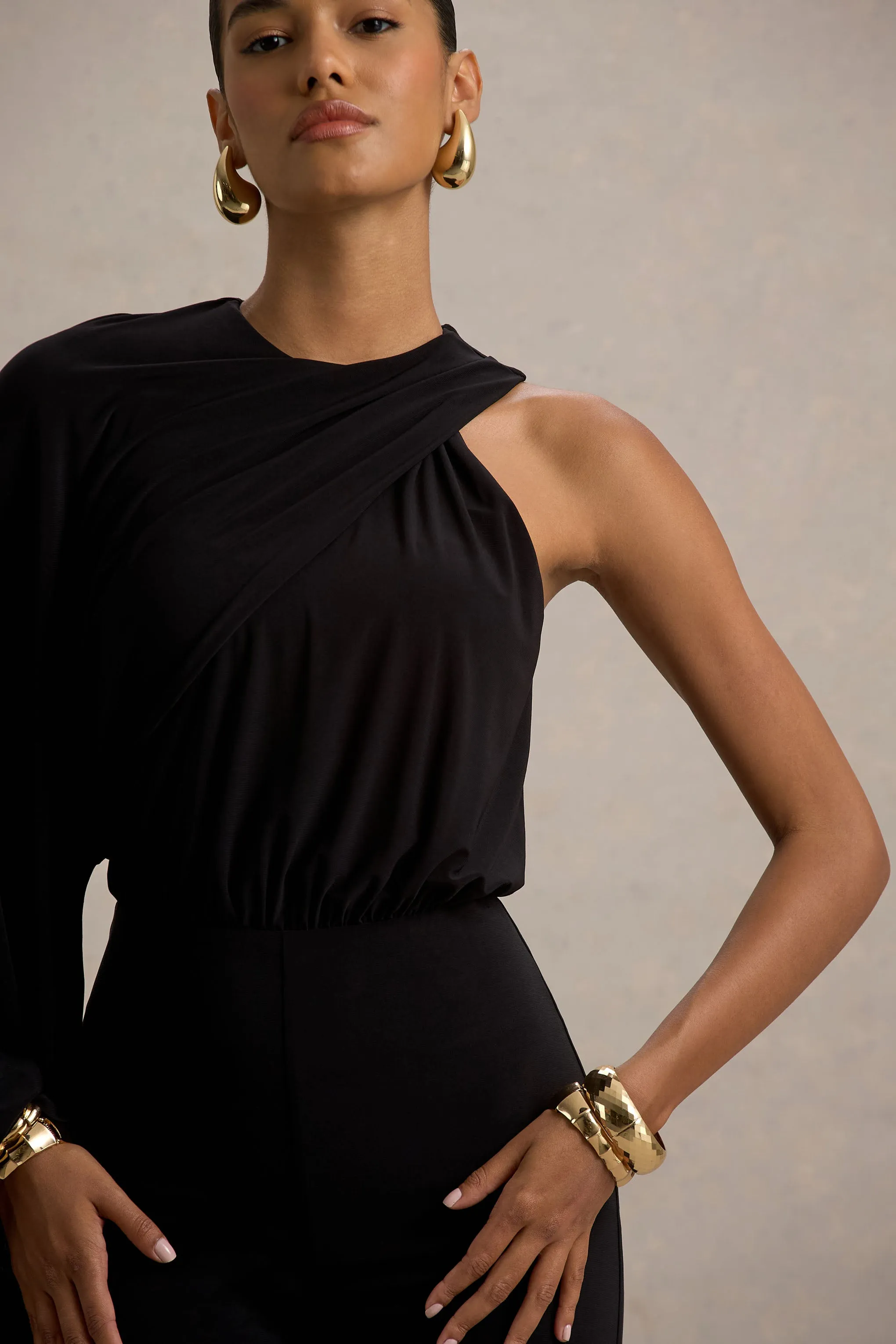 Asra | Black High-Neck Flared-Leg Jumpsuit With Cape Sleeve Club L London