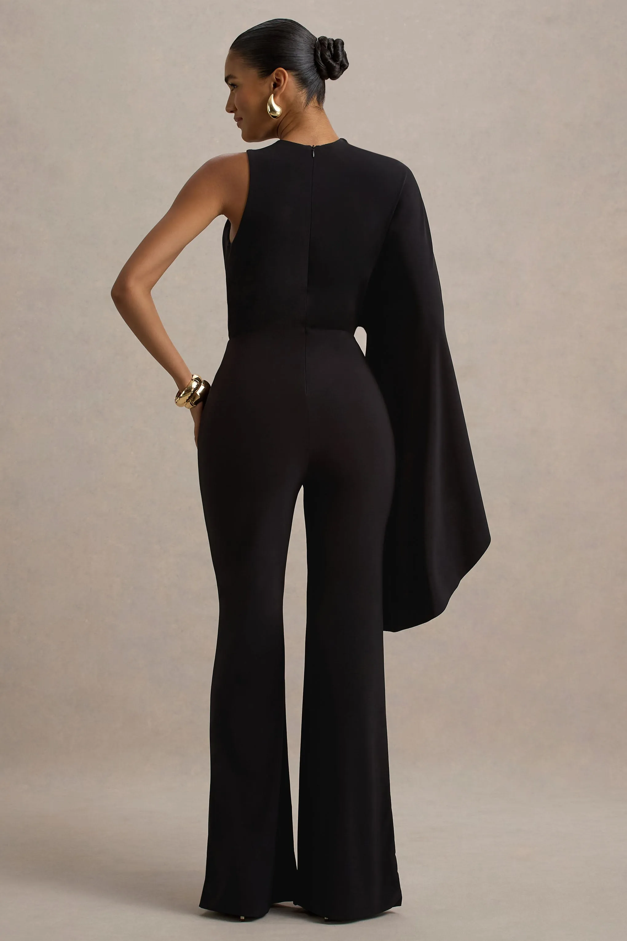 Asra | Black High-Neck Flared-Leg Jumpsuit With Cape Sleeve Club L London