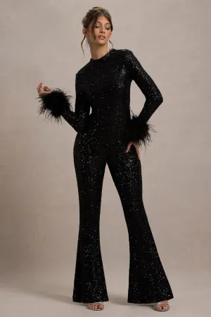 Asteroid | Black Sequin Long-Sleeve Jumpsuit With Feather Cuffs Club L London