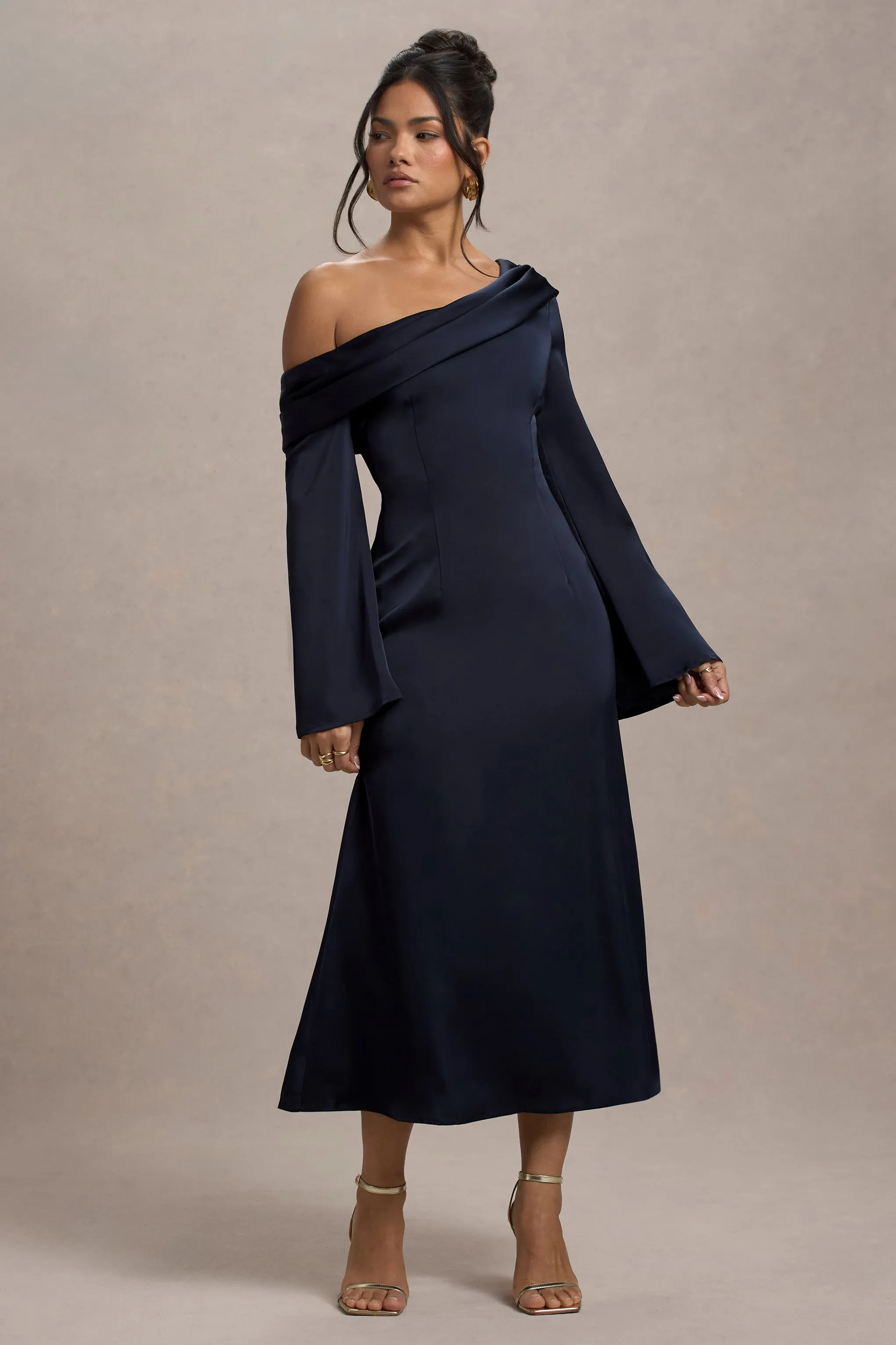 Astral | Navy Satin Asymmetric Flared-Sleeve Midi Dress Club L London