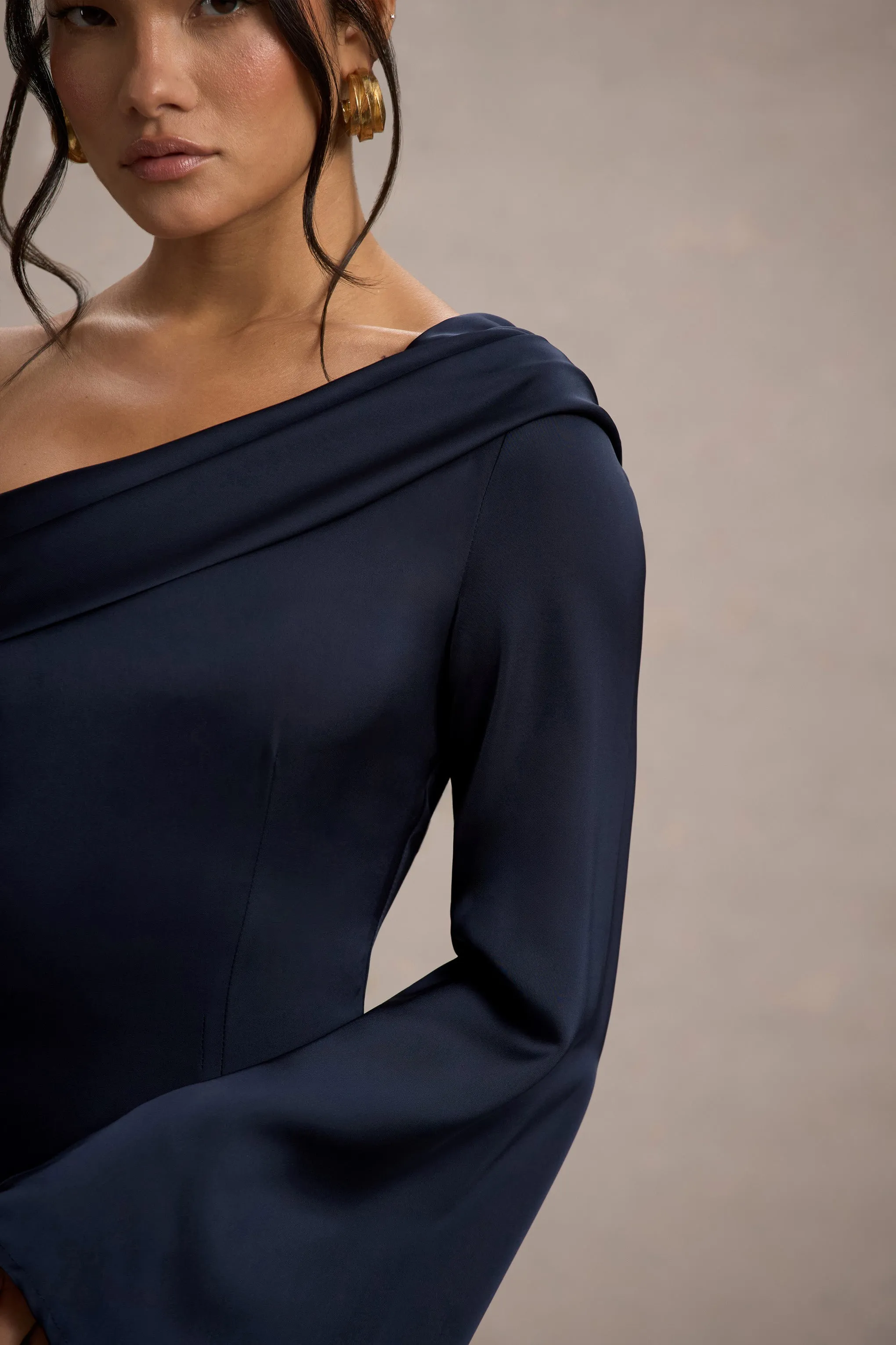 Astral | Navy Satin Asymmetric Flared-Sleeve Midi Dress Club L London