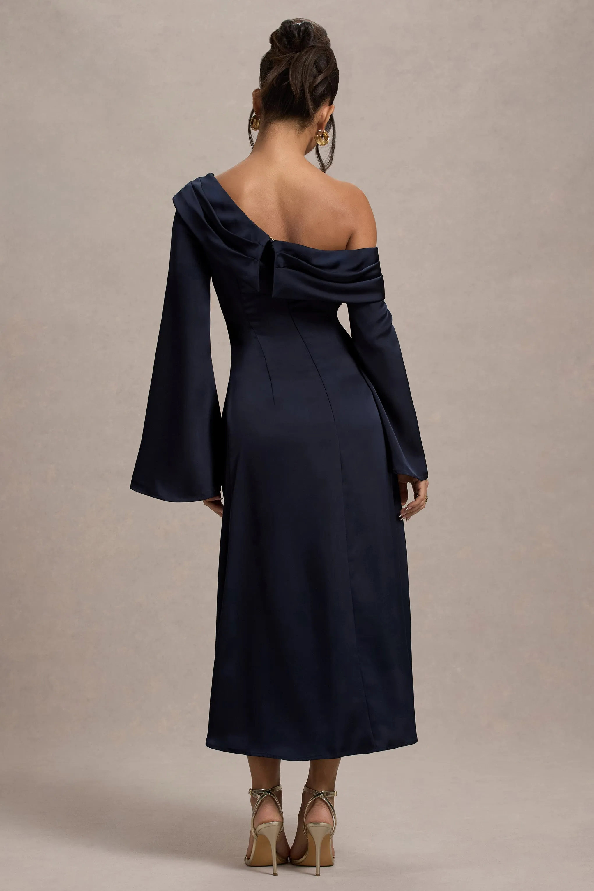 Astral | Navy Satin Asymmetric Flared-Sleeve Midi Dress Club L London